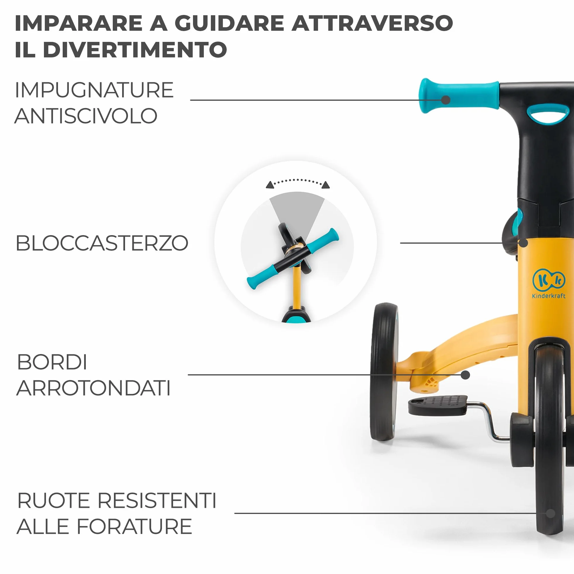 Kinderkraft Triciclo 3in1 4TRIKE, Mini bici, Carrello, Sella regolabile, Pieghevole, da 12 mesi a 5 anni, Giallo