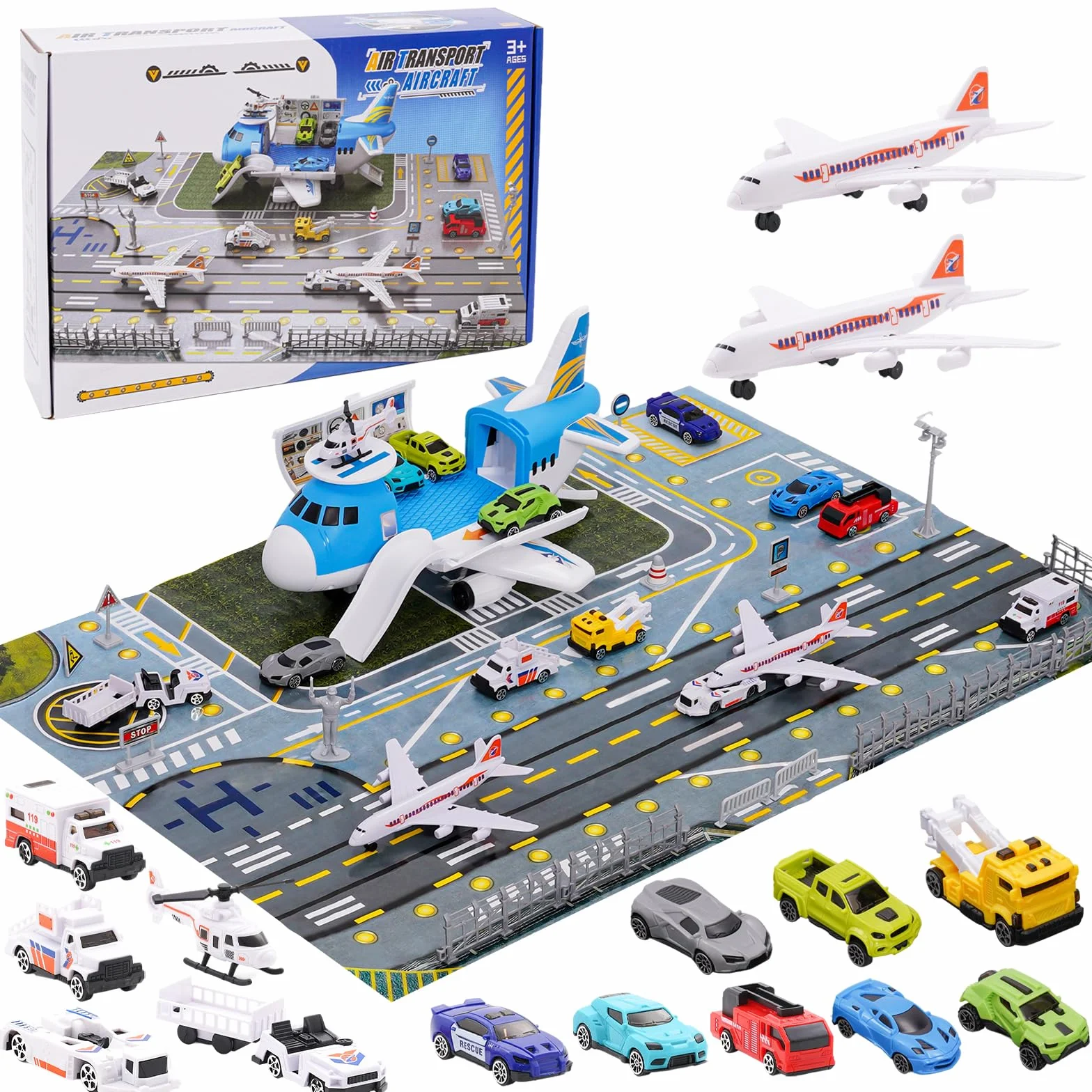 Set Giocattoli Trasporto Aereo Auto 15 Mezzi con Segnaletica Stradale Tappetini da Gioco Regalo Bambini 3+