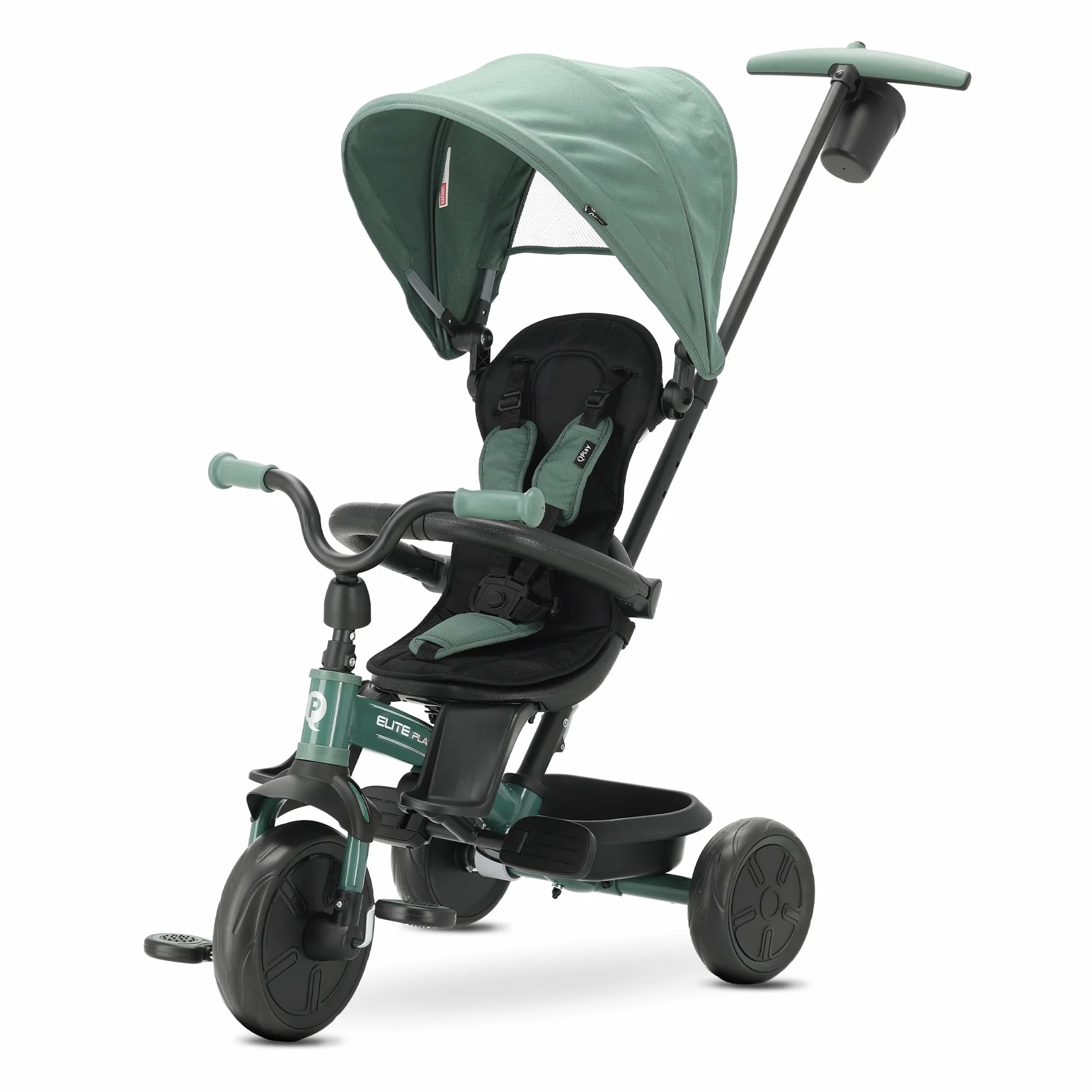 Triciclo Evolutivo QPLAY Elite Platinum 6 in 1 con sedile girevole a 360°, per bambini da 10 a 36 mesi, Maniglione direzionale, Capottina XL, Poggiapiedi e cestino (Verde)