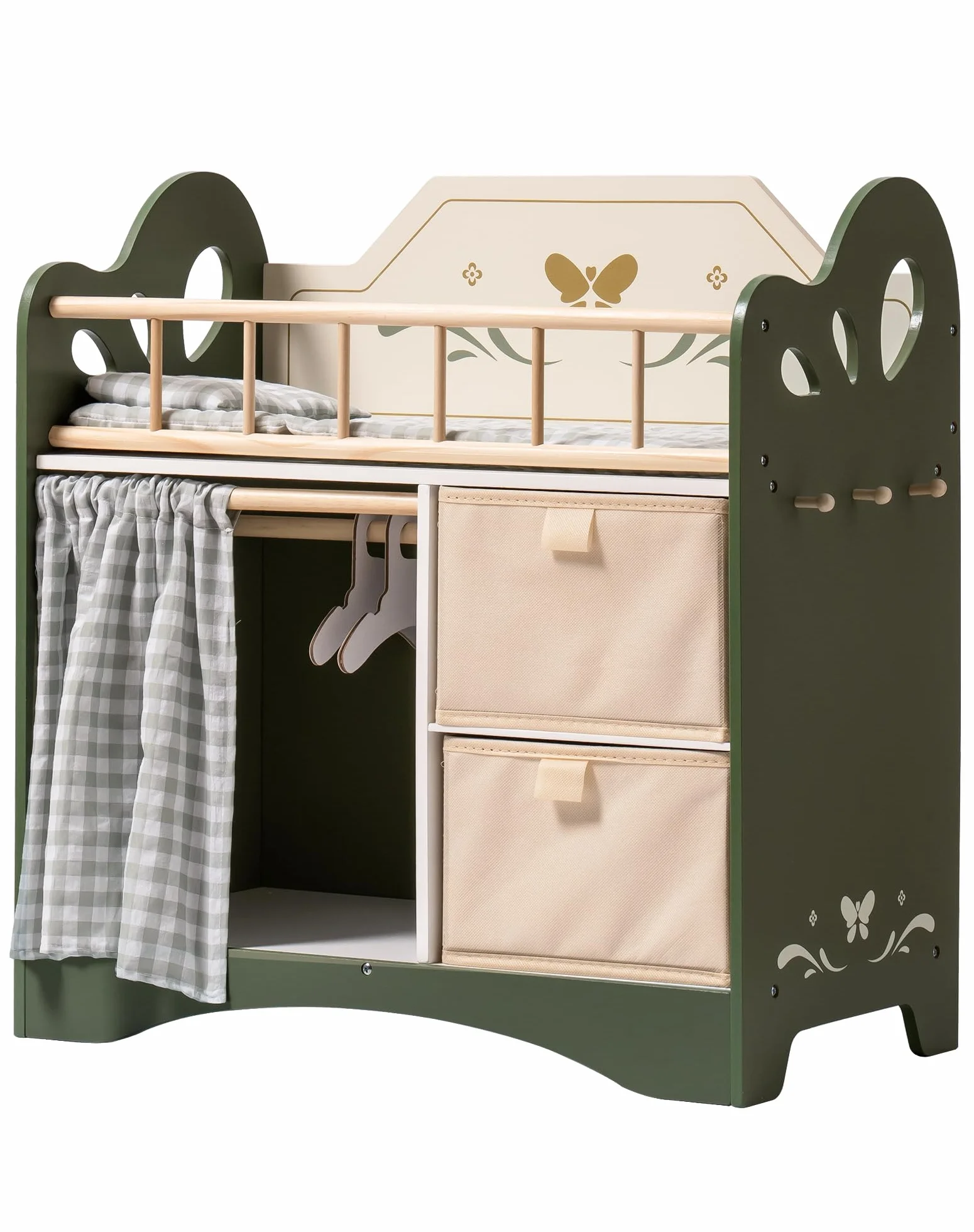 ROBOTIME Mobiletto per Culla in Legno da 22" con Ripostiglio - Verde e Beige per Accessori, Vestiti e Biancheria della Bambola - Mobili per Bambole, Regalo Perfetto dai 3 Anni