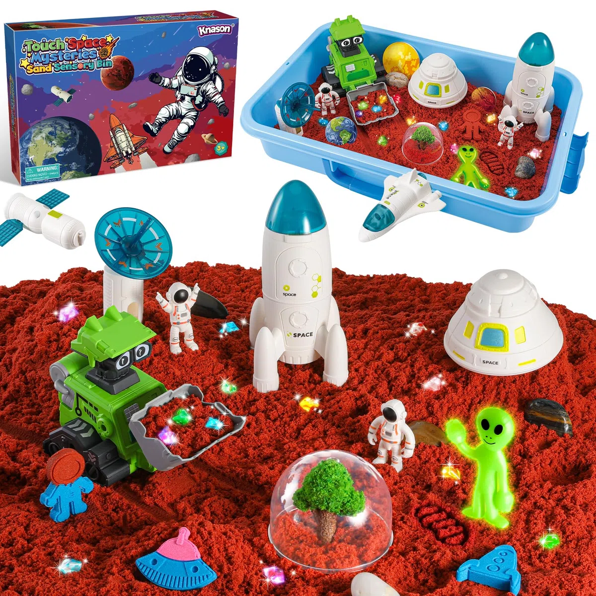 KNASON Sabbia Giocattolo Bambini, Spazio Scientifici Kit di Sand con Sabbia Magica, illuminano al Buio Alieno e Gemme, Giocattoli per Sabbiera Regalo di Natale per Bambini 3 ai 8 Anni