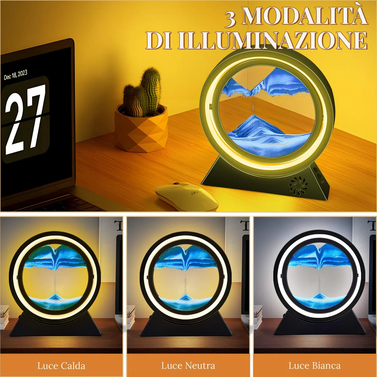BuzzoXerex Pittura di Sabbia Che Scorre, Sabbia in Movimento 3D con Bluetooth con Luce a LED Sabbia Dinamica per Decorazioni la Casa l'ufficio (Nero-Blu)