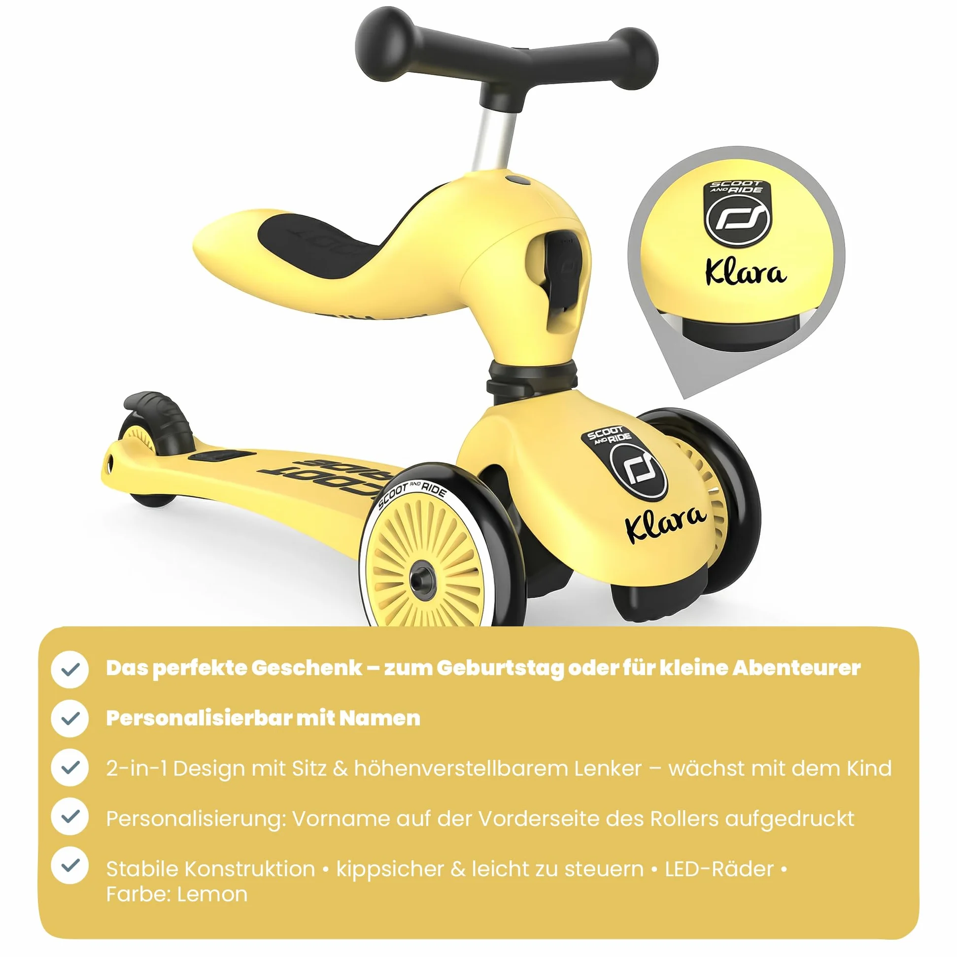 Personalizzato Scoot and Ride Highwaykick 1 Limone – 2-in-1 con seduta & regolabile in altezza – per bambini da 1 a 5 anni