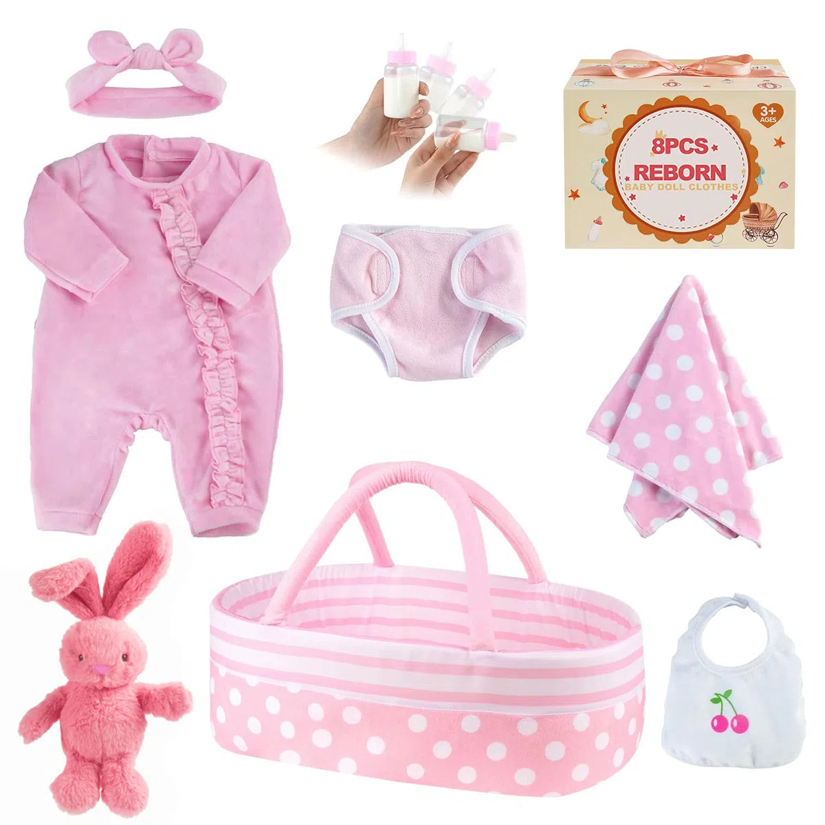BABESIDE Vestiti per Rinato Bambino Bambole da 8 Pezzi con Culla Adatto a Bambole da 17-22 Pollici, Vestiti per Bambole, Accessori di Abbigliamento (rosa)