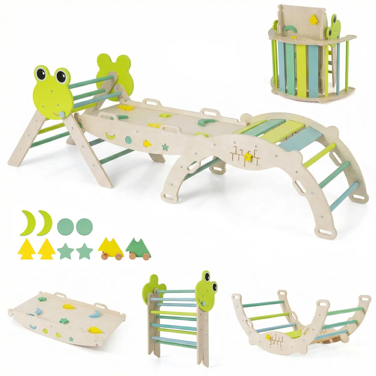 Relax4Life Triangolo di Arrampicata per Bambini con Scivolo e Arco, Gioco Montessori in Legno 1+ Anni, 3 Pezzi Verde