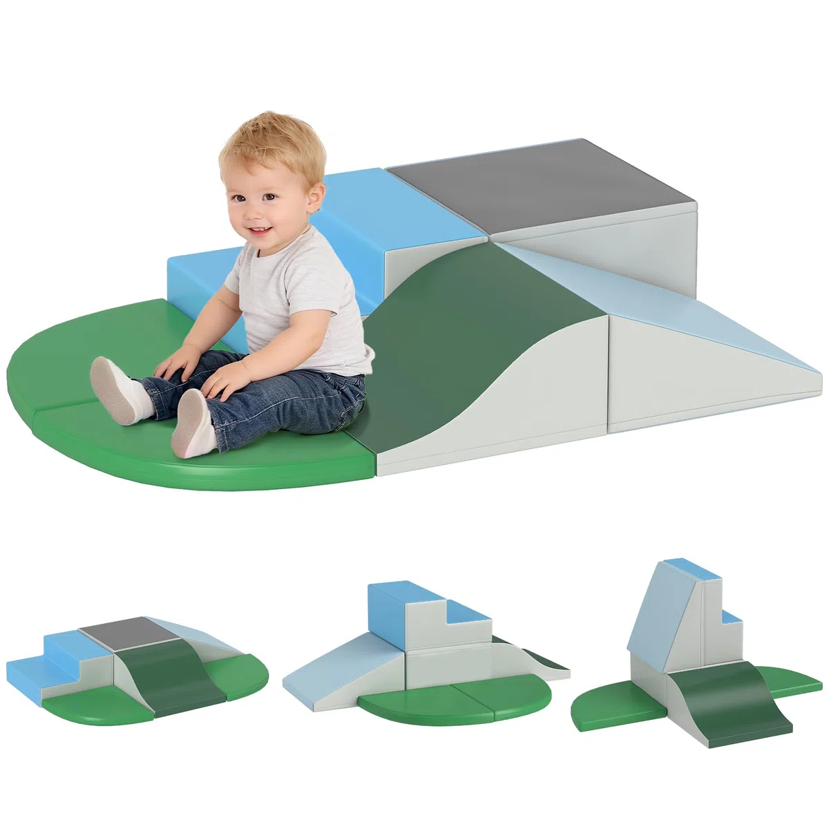 HOMCOM Set da Gioco per Bambini 1-3 Anni 6 Costruzioni Blocchi Morbidi PU EPE Verde Beige Grigio Blu