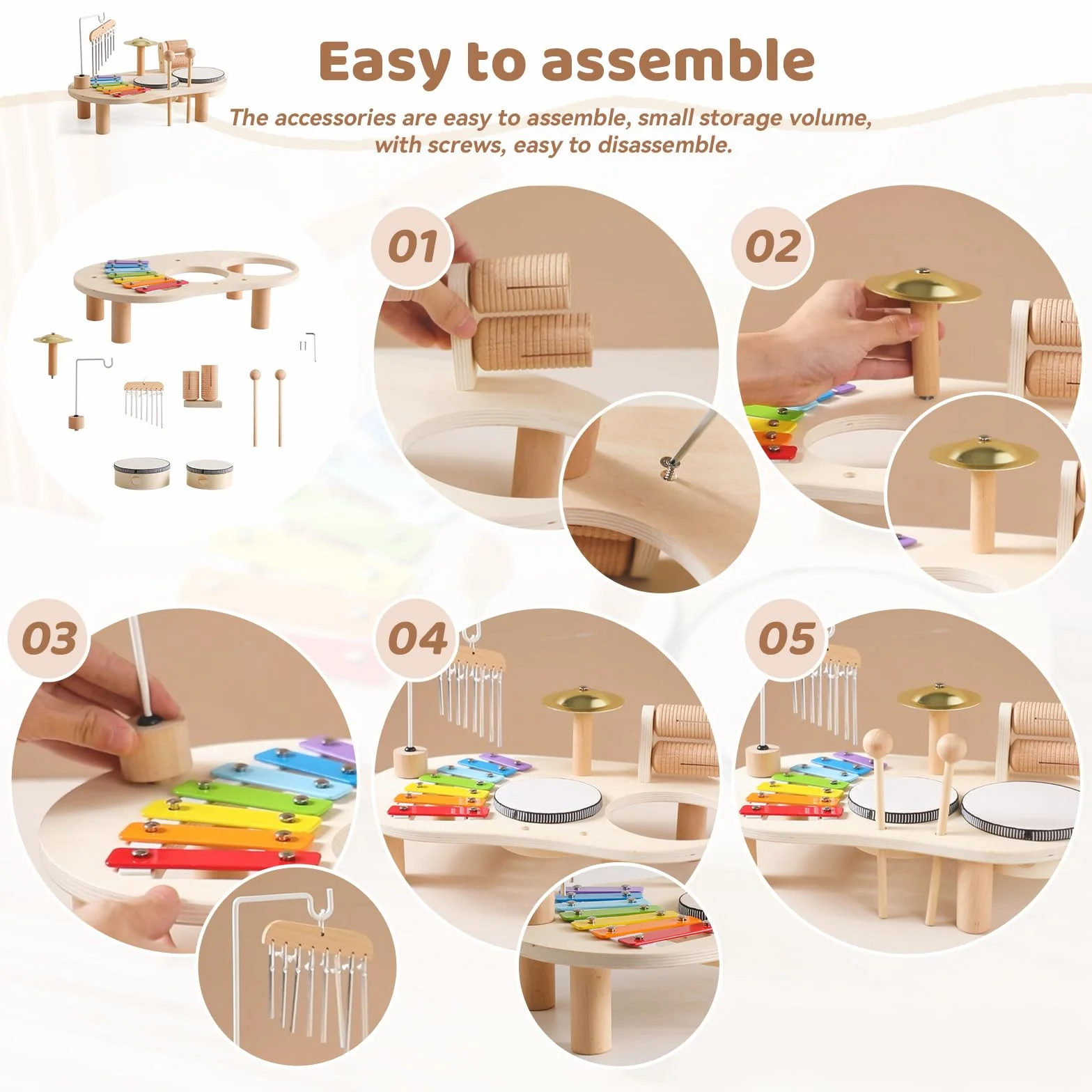 7 in 1 Baby Drum Set per Bambini, Xylophone Giocattolo Musicale di Legno, Strumenti Musicali Montessori del Bambino,Regalo di Compleanno per Ragazzi E Ragazze, A