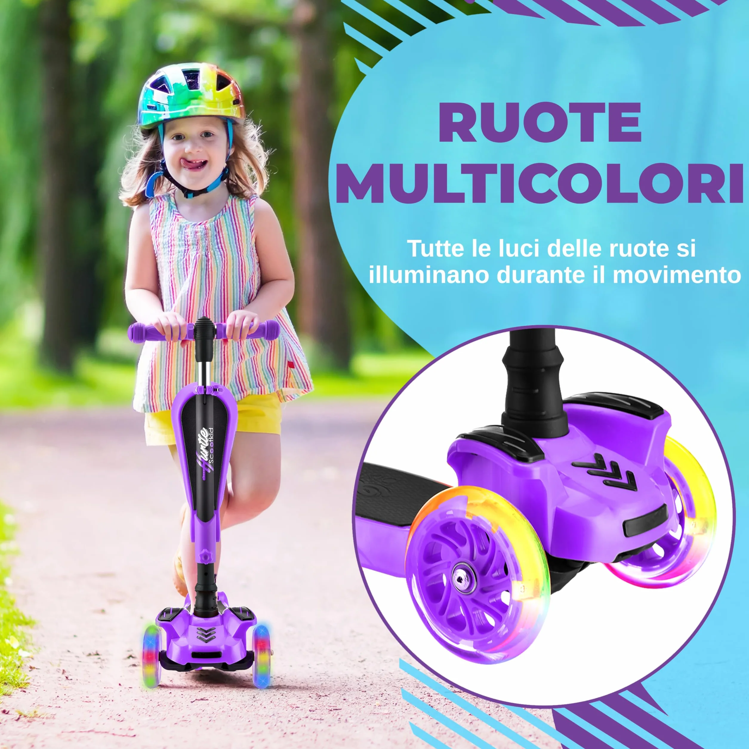 Hurtle Monopattino Bambino, Monopattino Bambina, Monopattino a 3 Ruote, Regolabile in Altezza con Sedile Pieghevole, Scooter per Bambini e Bambine con Ruote LED Multicolore, Dai 1 ai 14 Anni