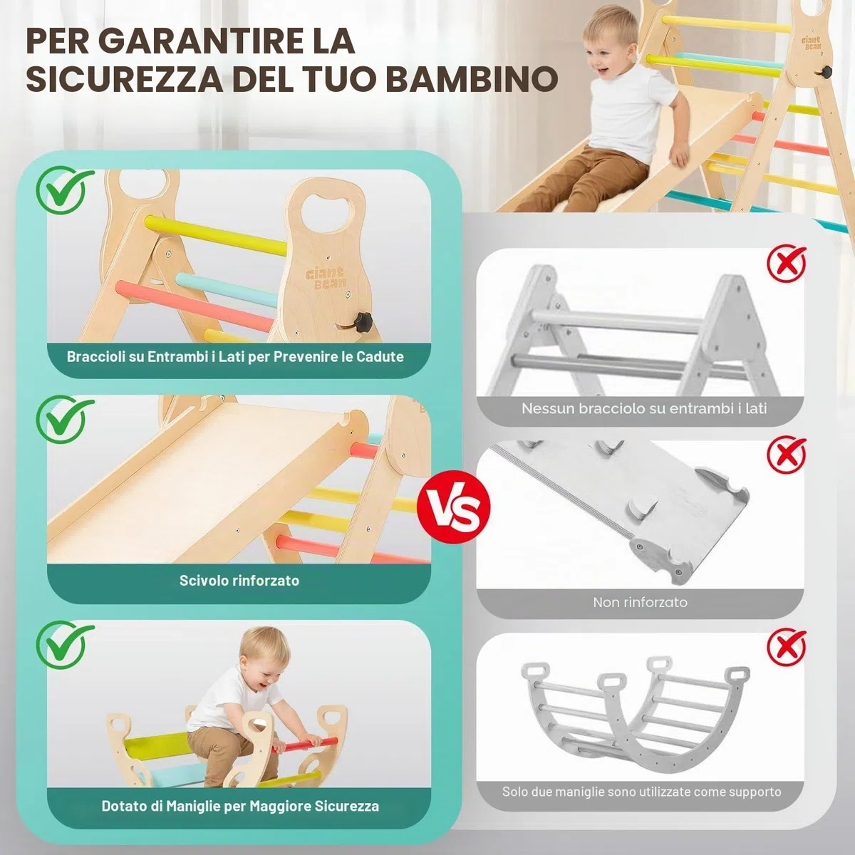 Giant bean Trianglello per Arrampicata Montessori 5 in 1 con Arco da Scalata e Scivolo, Struttura in Legno per Bambini 2-5 Anni