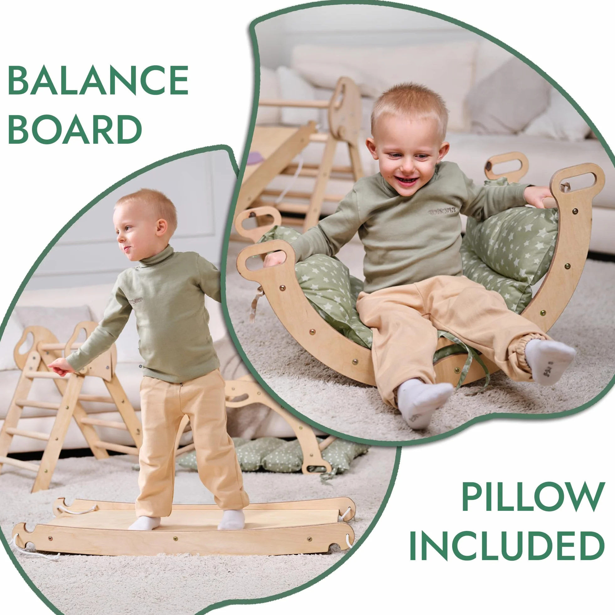 Goodevas Palestra in Legno 5 in 1 Bambini, Scala a Triangolo, Arco, Balance Board con Cuscino, Montessori 1-3 Anni