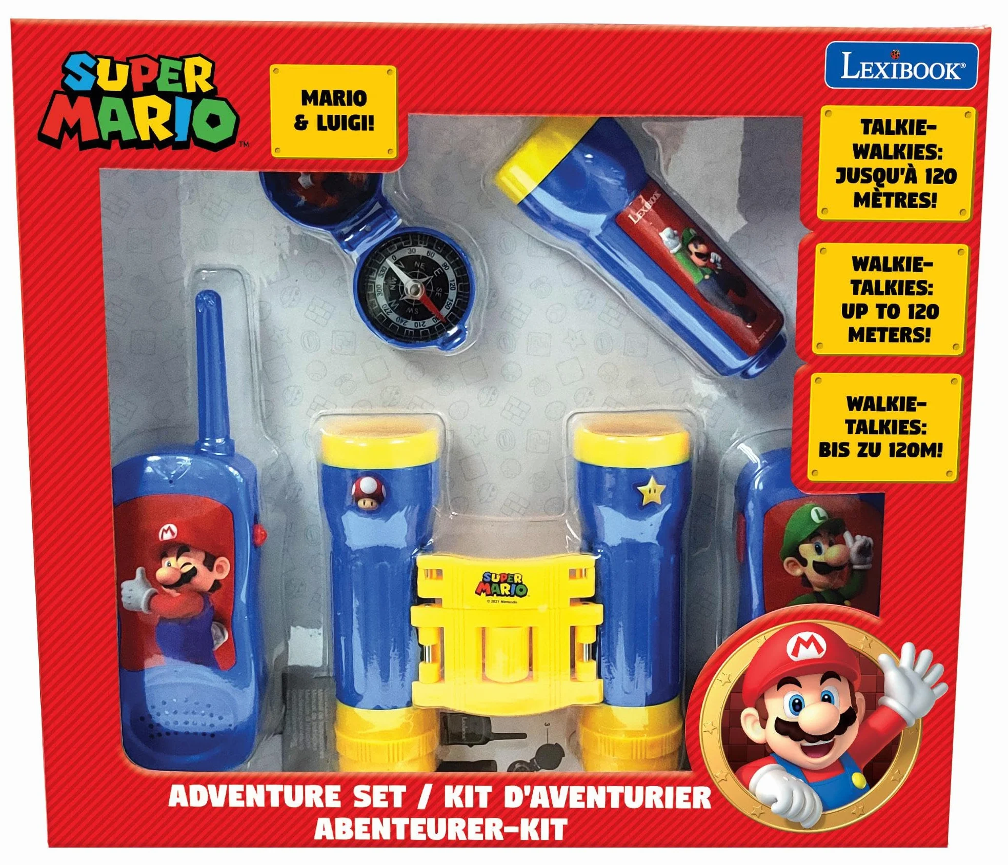 Lexibook Nintendo Super Mario - Set Completo per Bambini - Walkie-Talkies 120m, Binocolo, Bussola, Torcia, Blu/Giallo, RPTW12NILXB