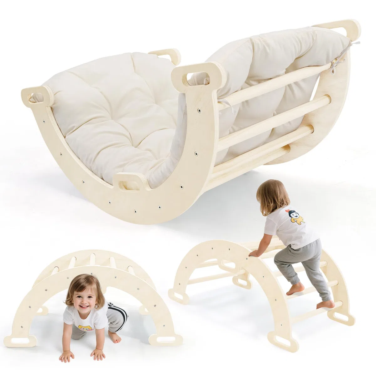 Arco da Arrampicata Montessori 2 in 1 con braccioli per bambini legno naturale cuscino tappetino antiscivolo 1-6 anni