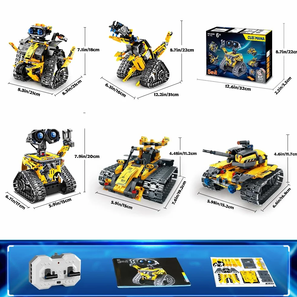 CUBIMANA Robot Tecnologico 5-in-1 per Bambini - Giocattolo di Costruzione Telecomandato Con App, Robot da Parete, Regali di Dinosauri per Ragazzi e Ragazze 6-12+ Anni