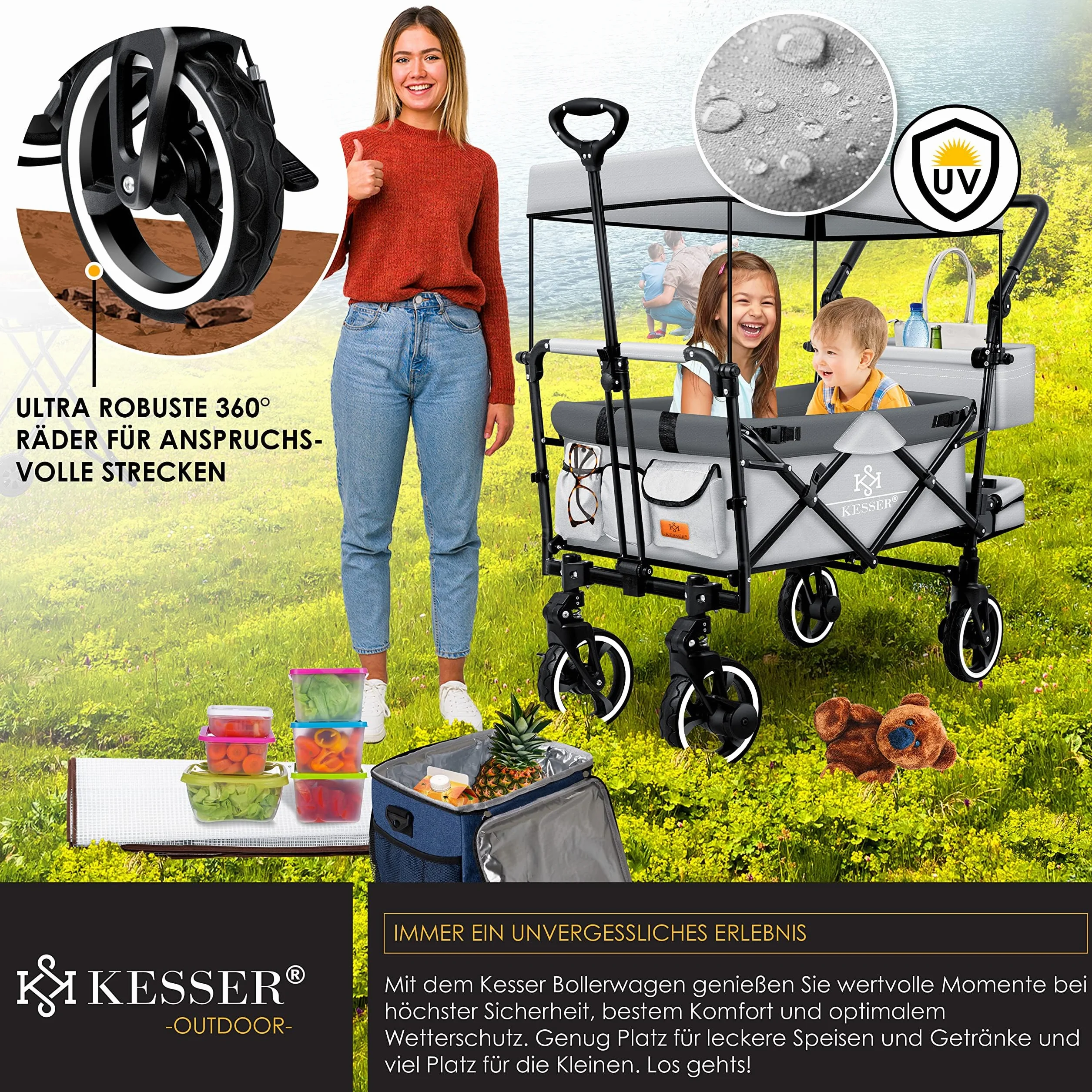 KESSER® - Carrello pieghevole manuale GTS-9100 con tettoia, carrello pieghevole con 2 sistemi con cinture a 3 punti, ruote in gomma girevoli a 360° e sistema di prolungamento interno, freno anteriore