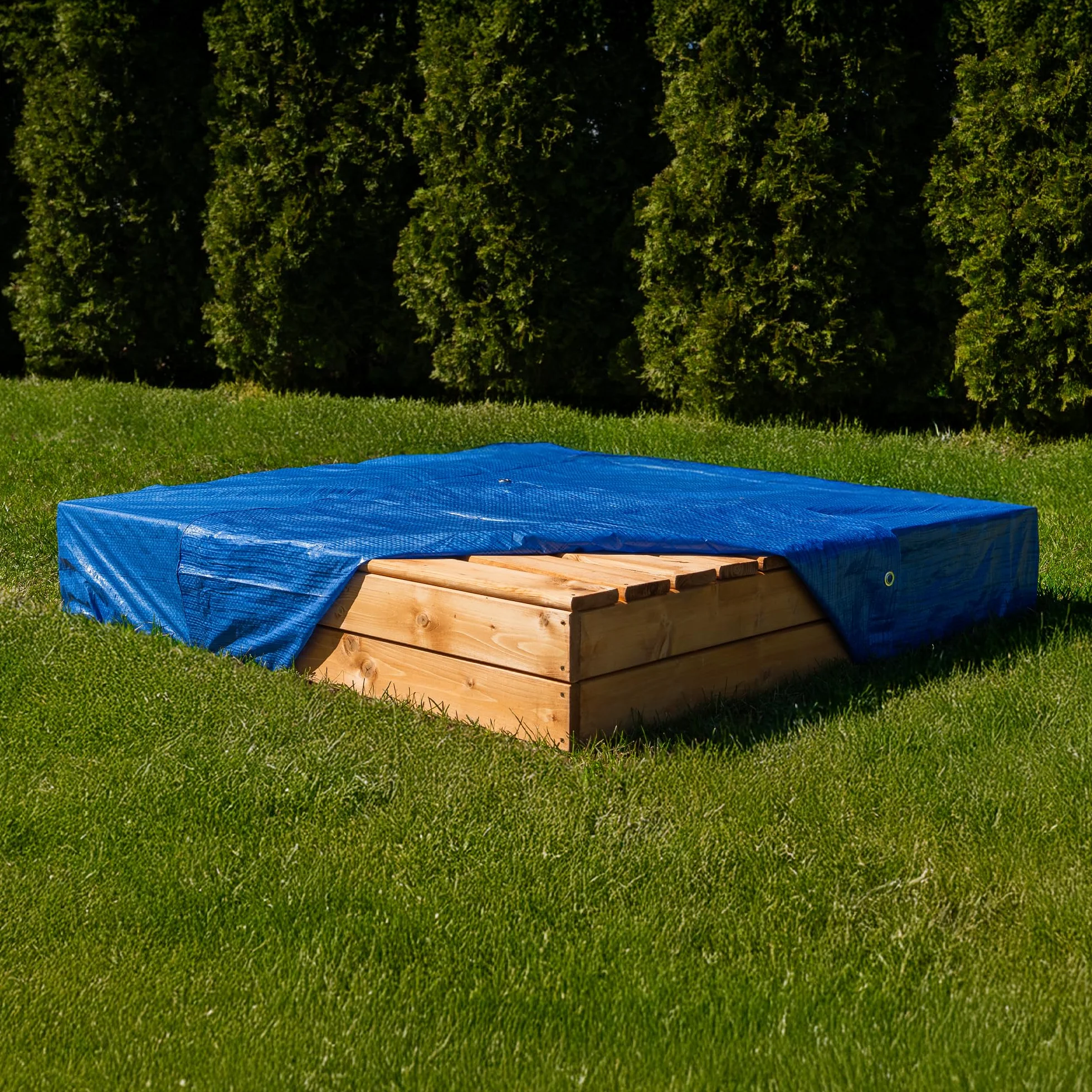 MAMOI Sandbox con coperchio 120 x 120 cm, cassetta di sabbia impregnata con panche in legno, copertura per panchine 150 x 150 cm