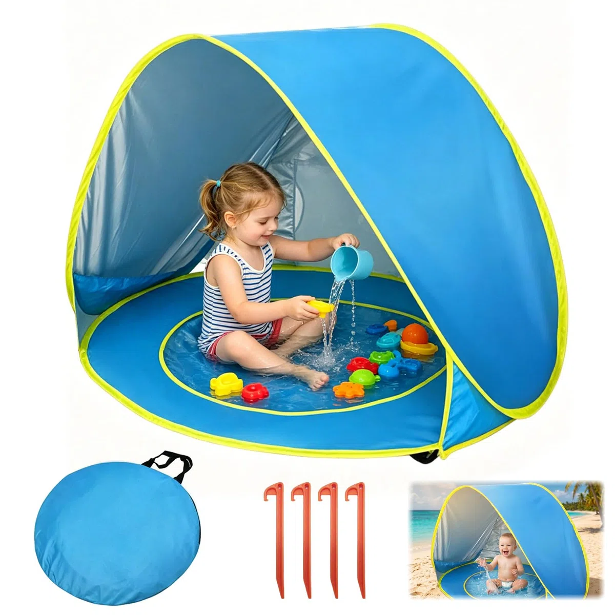 Tenda da Spiaggia Baby Pop Up Anti UV UPF 50+ con Mini Piscina Separabile Portatile per Bambini Blu