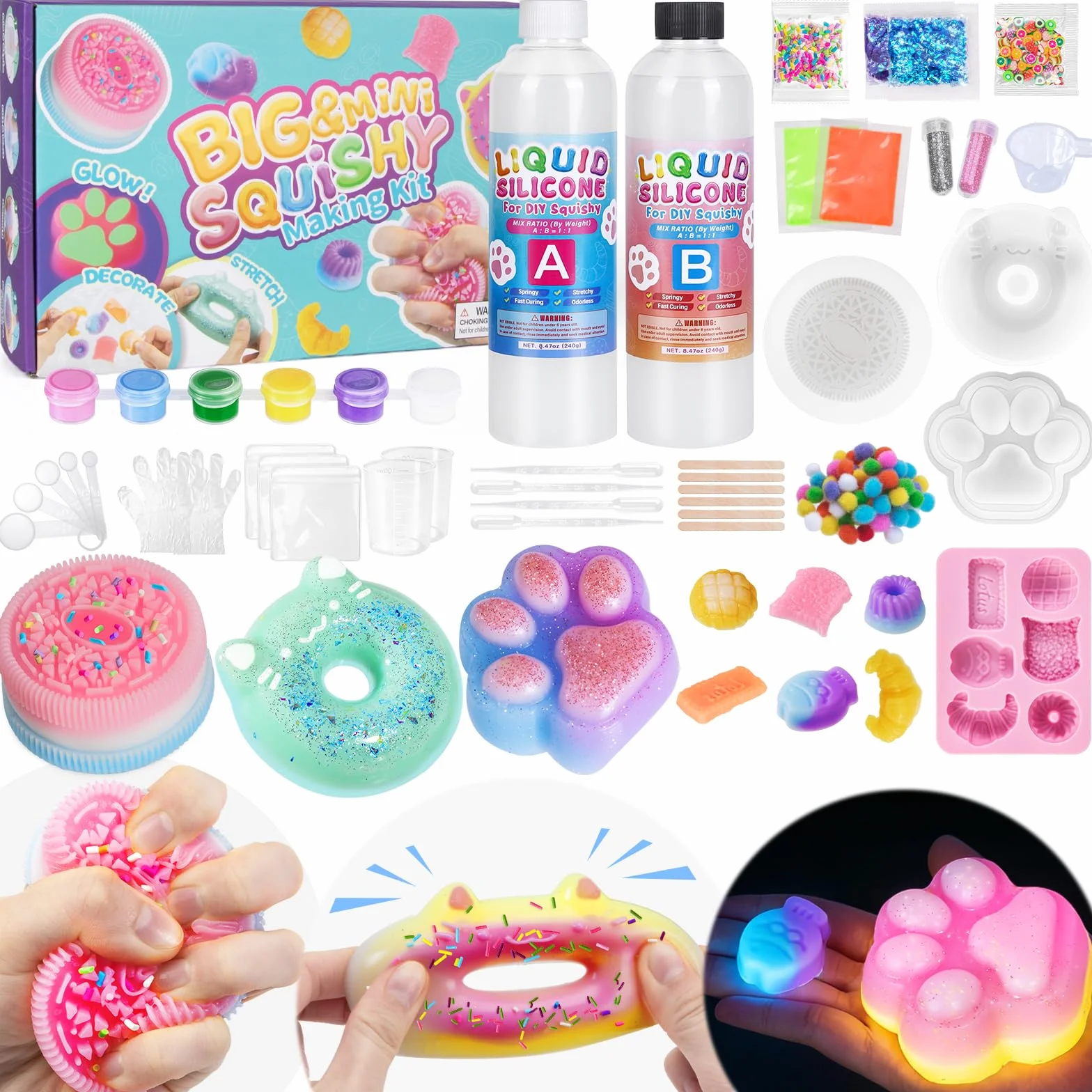 Silicone Liquido Luminosi Fai Da Te 480ml 1:1 AB Squishy Gomma Siliconica 9 Stampi e Accessori Giochi Sensoriali Antistress Regali Bambini 6+