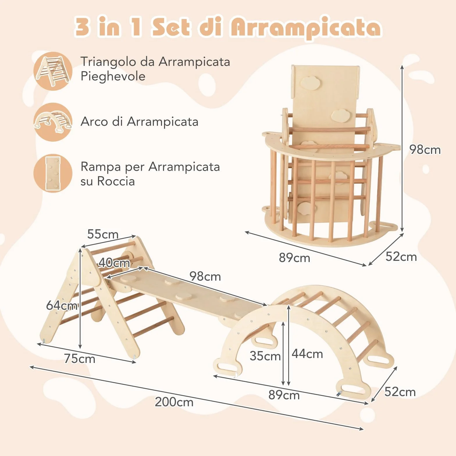 COSTWAY 4 in 1 Set da Arrampicata per Bambini, Giocattoli da Arrampicata a Triangolo con Triangolo Arco e Salita, Ideale per Bambini 1 Anni + (Naturale)