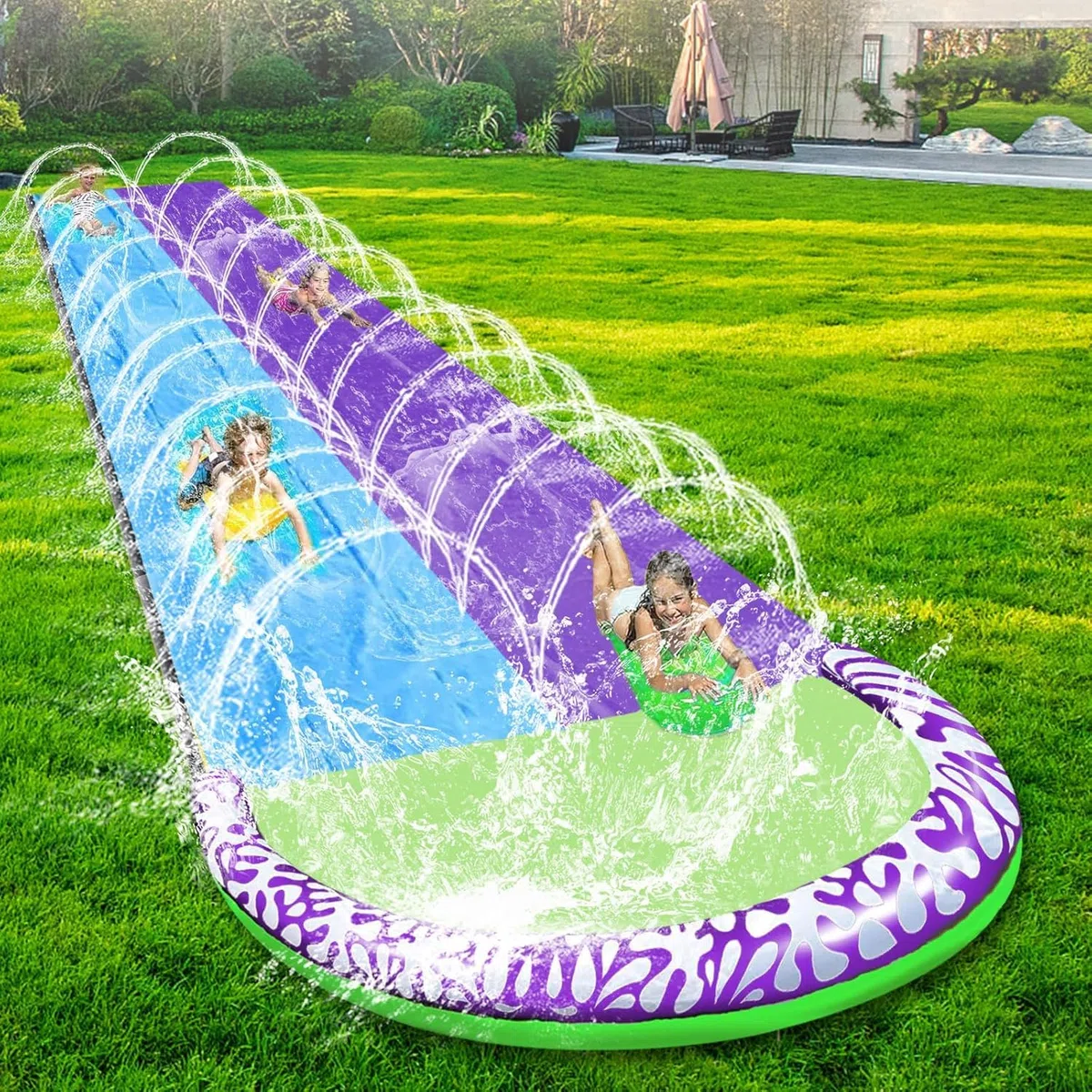 Doppio Scivolo ad Acqua 480 cm con 2 Bodyboards Scivolo Acquatico Giardino Piscina Fuori Terra per Bambini e Adulti