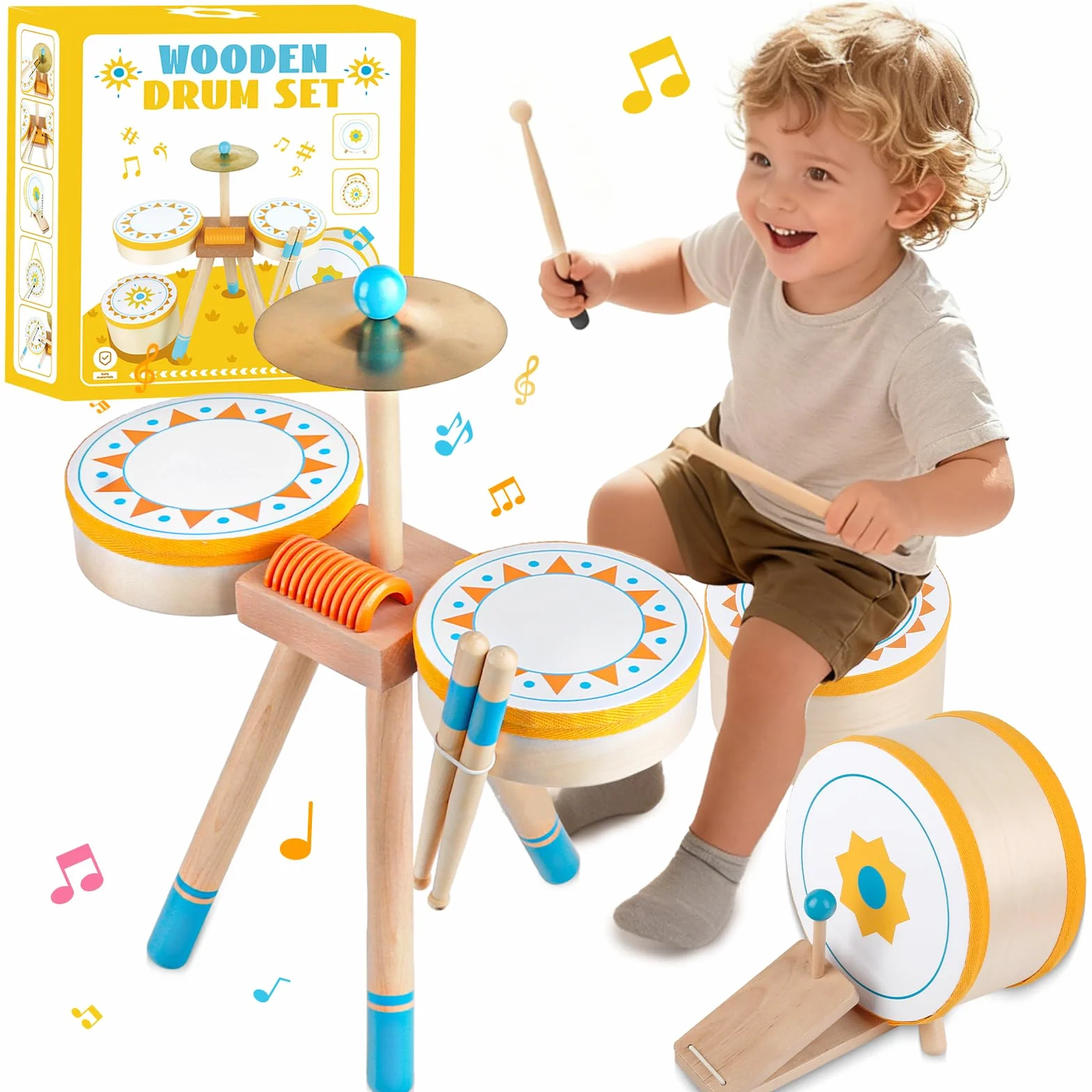 Tamburo Montessori per Bambini 1+ Anno | Set di Tamburi Educativi in Legno per Bambini 1-3 Anni | Strumenti Musicali per Neonati, Regalo Perfetto per Compleanno/Natale per Ragazzi e Ragazze