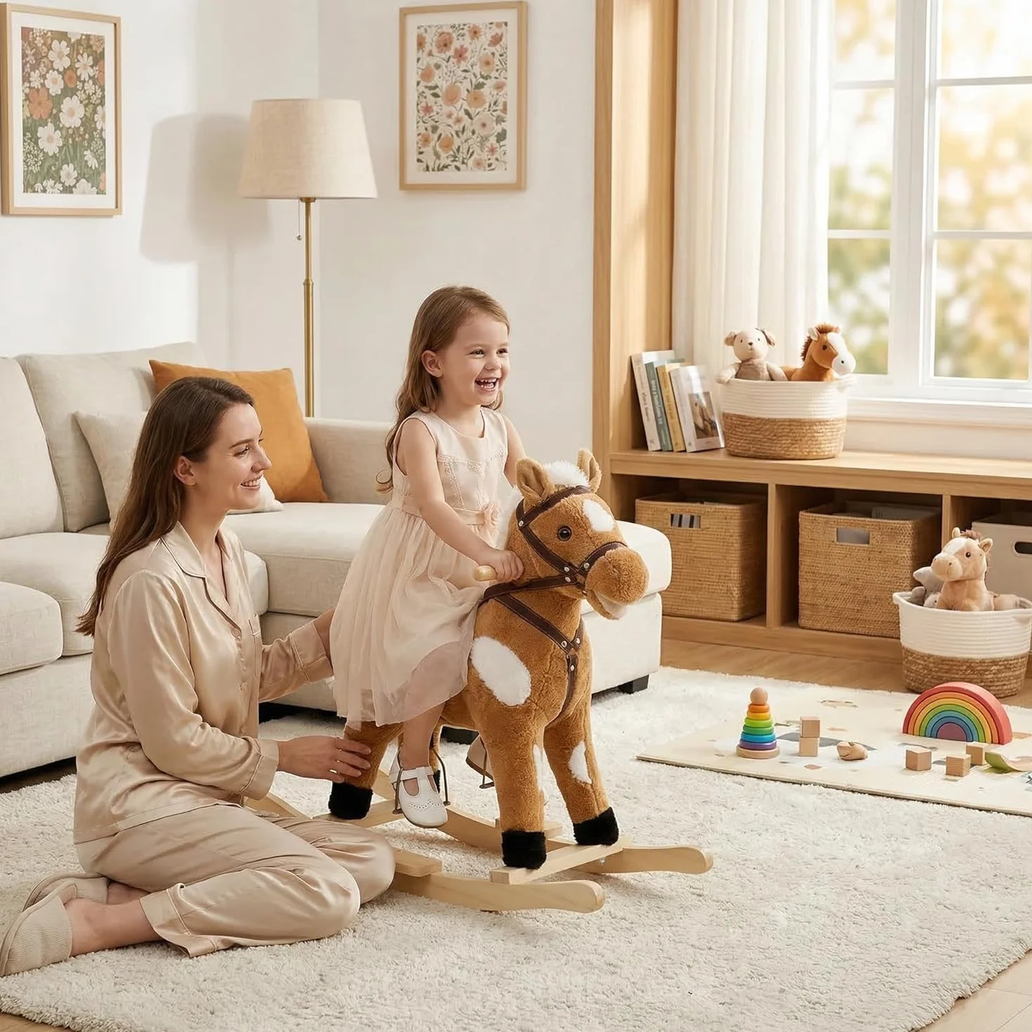 WOLTU Cavallo a Dondolo in Legno per Bambini, Cavalluccio Cavalcabile in Peluche con Suoni, Giocattolo Regalo per Bimbi 1/2/3 Anni, Marrone e Bianco