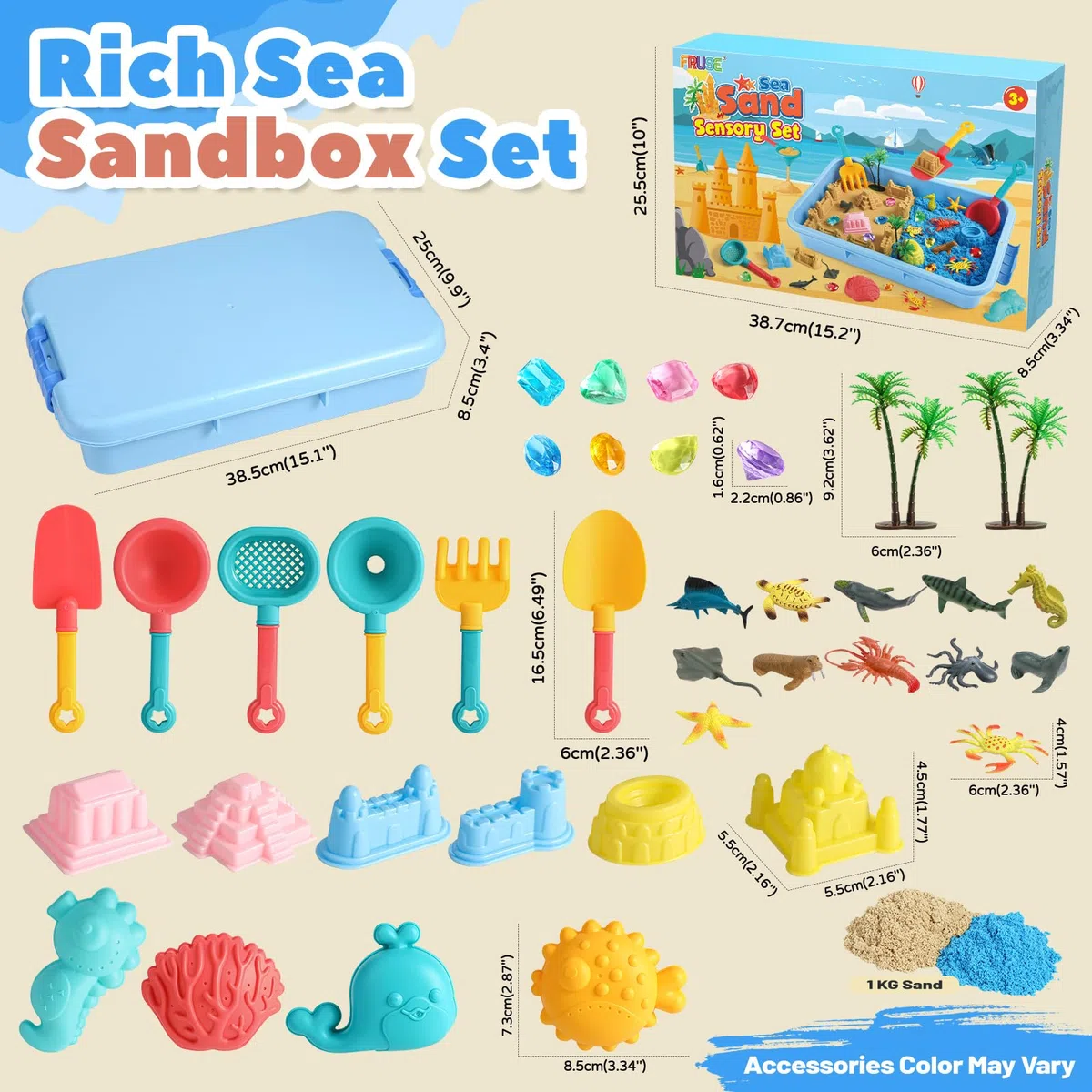 FRUSE Sabbia Giocattolo per Bambini, Kit di Sabbiera con 1 kg Sabbia Magica, Animali Marini, Stampi di Sabbiera, Giocattoli Sensoriali