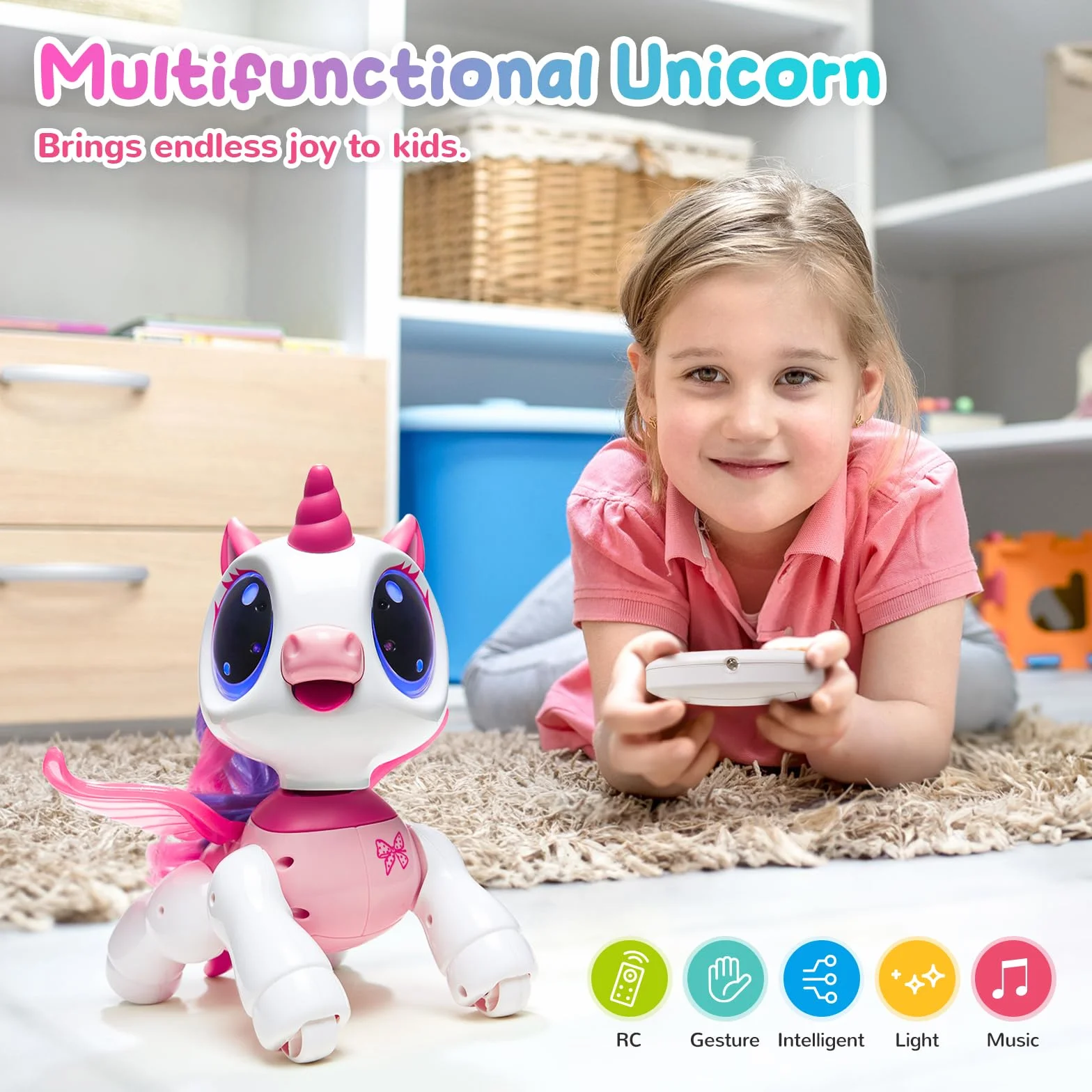 SGILE Unicorno Bambina Regalo per Bambina 3 3 4 5 6 7 Anni, Telecomando Robot Sensore di Gesto Intelligente Danza Musica Occhi LED Giocattoli, Rosa