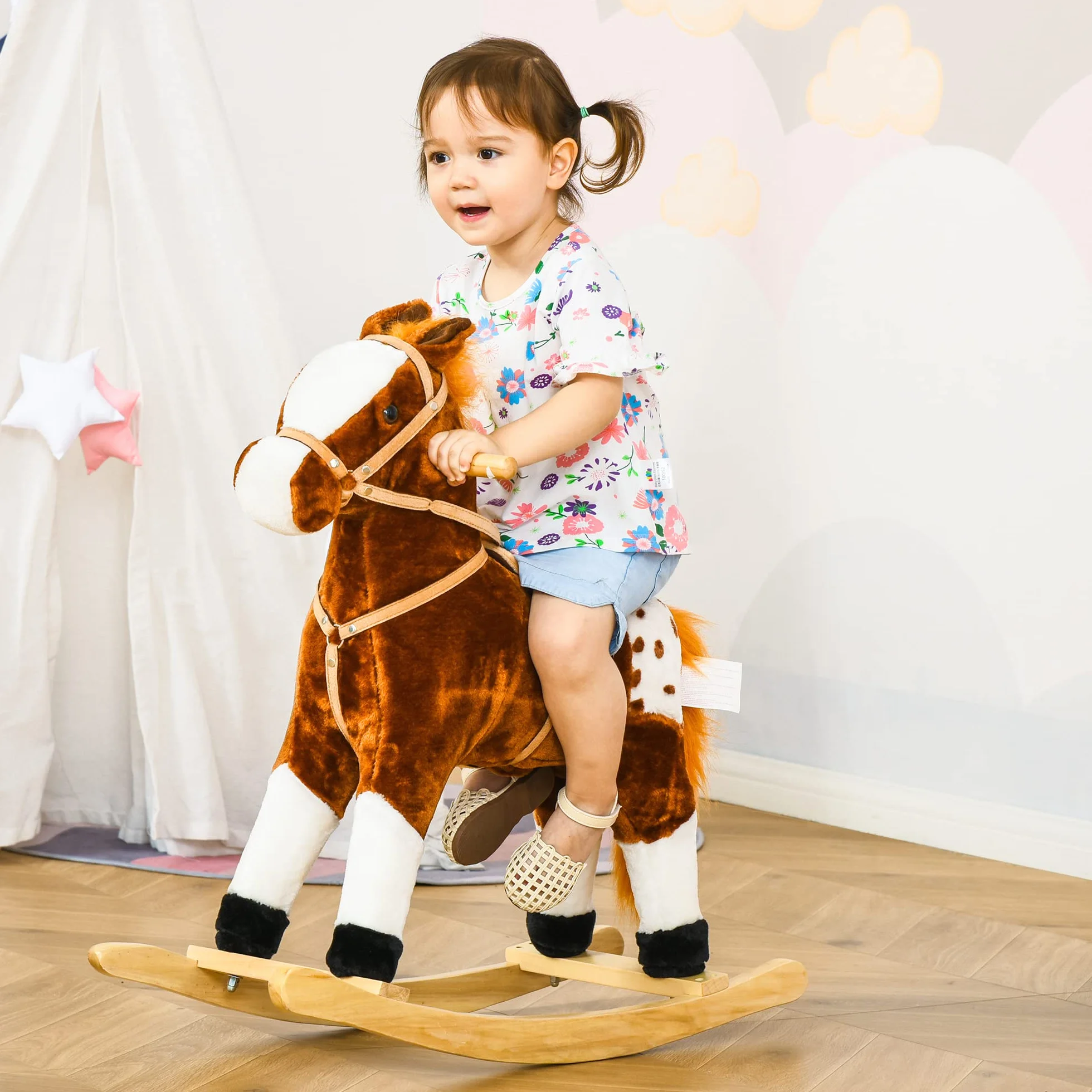 HOMCOM Cavallo a Dondolo in Legno con Suono Animale Regalo Giocattolo per i Bambini, 74 x 28 x 65 cm, Marrone