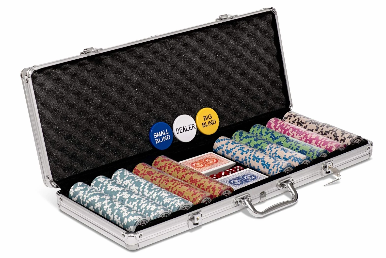 Set di 500 gettoni da poker Texas Holdem con valigetta da poker in alluminio gettone numerato di qualità 14g, 2 set di carte professionali in plastica, bottoni e 5 dadi