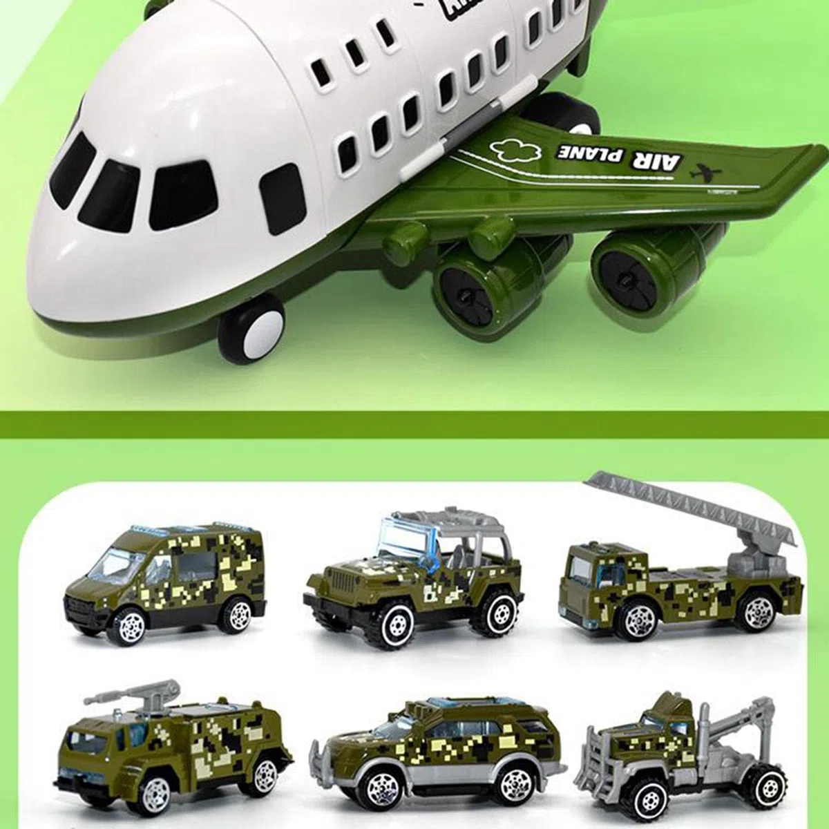 Harilla Giocattolo per Bambini: Aereo Cargo per Trasporto Passeggeri con 6 Veicoli, Green_6 Veicoli Militari