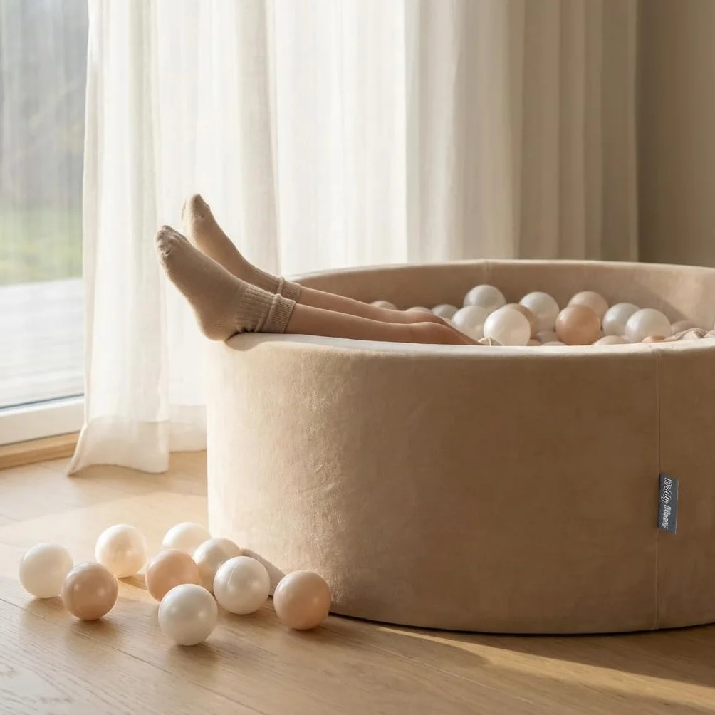 KiddyMoon Velluto Piscina Di Palline 90X30cm/200 Palline ∅ 7CM Per Bambini Tondo, Beige Sabbia: Beige Pastello/Bianco/Perla