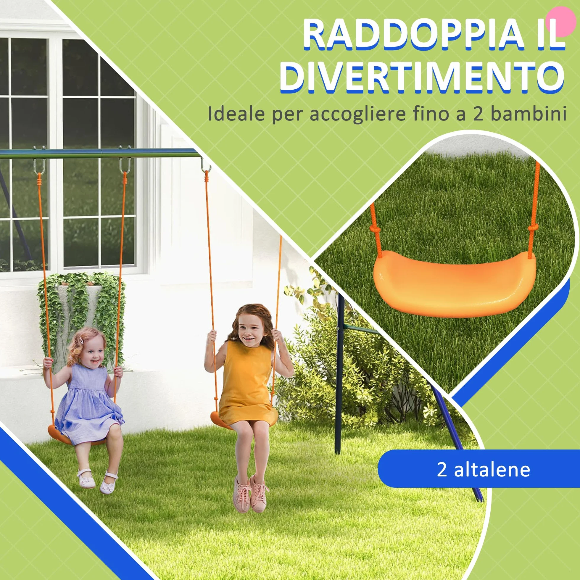 Outsunny Altalena per Bambini 3-8 Anni con 2 Seggiolini e 4 Picchetti, Altalena Doppia da Giardino in Metallo, 269x160x180 cm, Multicolore