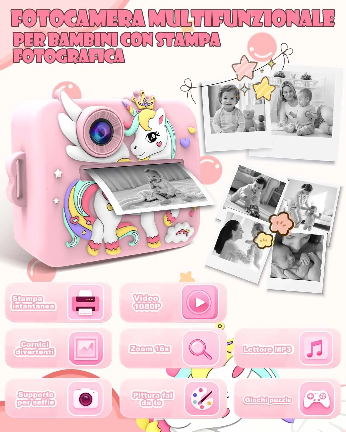 Macchina Fotografica Bambini Unicorno Istantanea, 2.4" Schermo, 1080P Video & 16X Zoom, Fotocamera per Bambini 32GB, Stampa Senza Inchiostro, Giochi, Musica, Regalo Ragazze 3-12 Anni