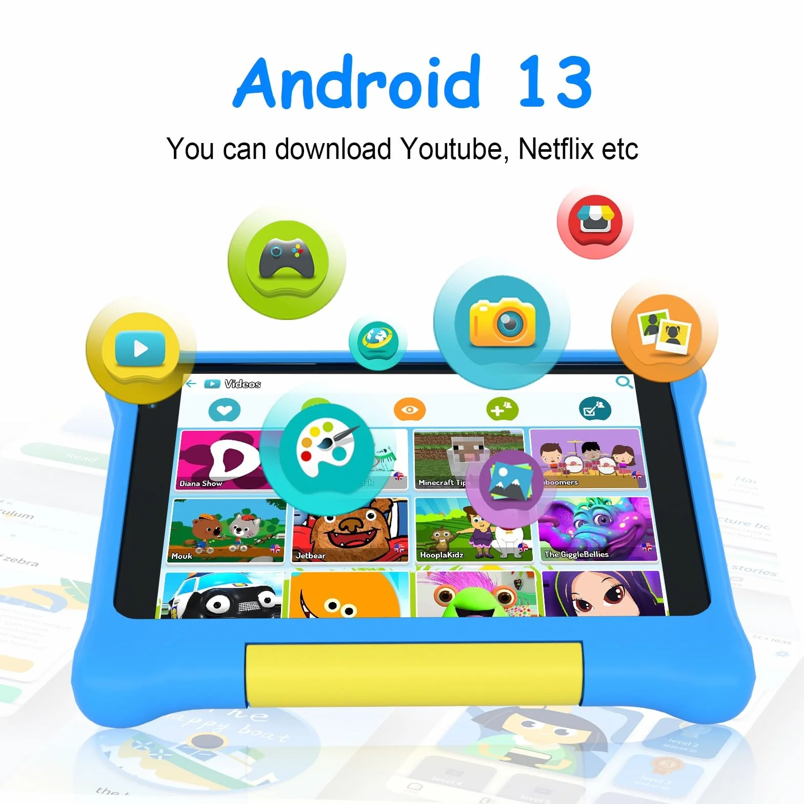 Yicty Tablet Bambini 7 Pollici Andriod 13 Tablet per Bambini Quad Core 5 GB RAM 32 GB ROM 128 GB Estensione Controllo Parentale Tablets Educativo con Custodia Antiurto (Blu)