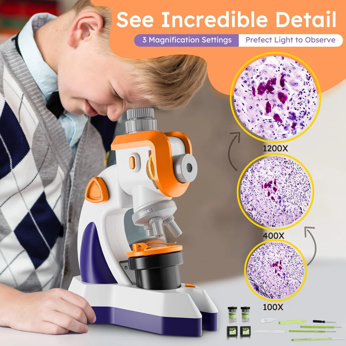 MAXLAPTER Microscopio per Bambini 1200X con Proiettore: Microscopio con Vetrini Preparati e Borsa per la Conservazione - Regali di Scienza Edu per Bambini Principianti di 8-12 Anni (Arancione-Viola)