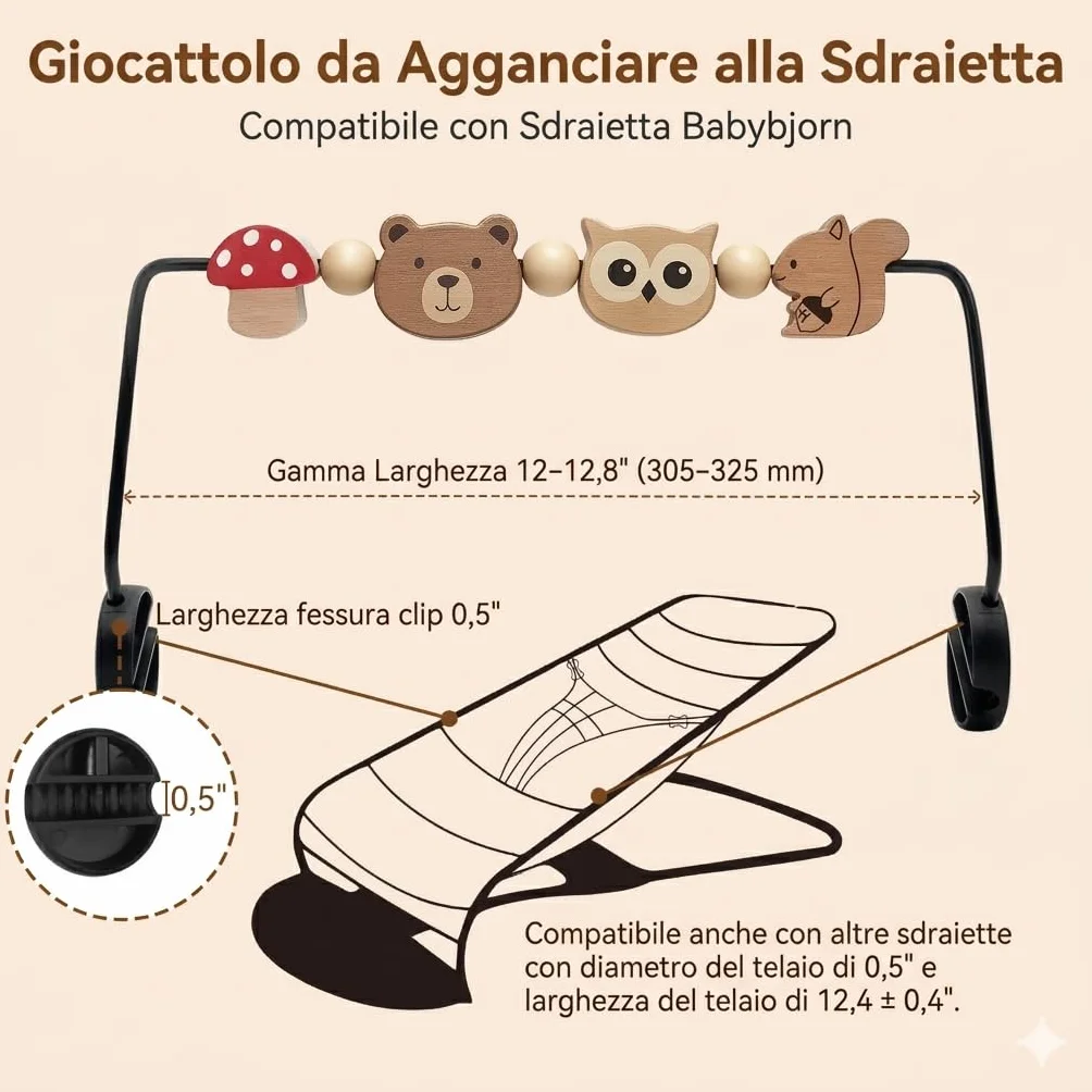 Giocattolo per buttafuori, Compatibile con BabyBjorn Bouncer Balance Soft & Bliss, Barra Giocattolo Girevole in Legno per Bambini, Giocattolo per Lo Sviluppo sensoriale (Animali)
