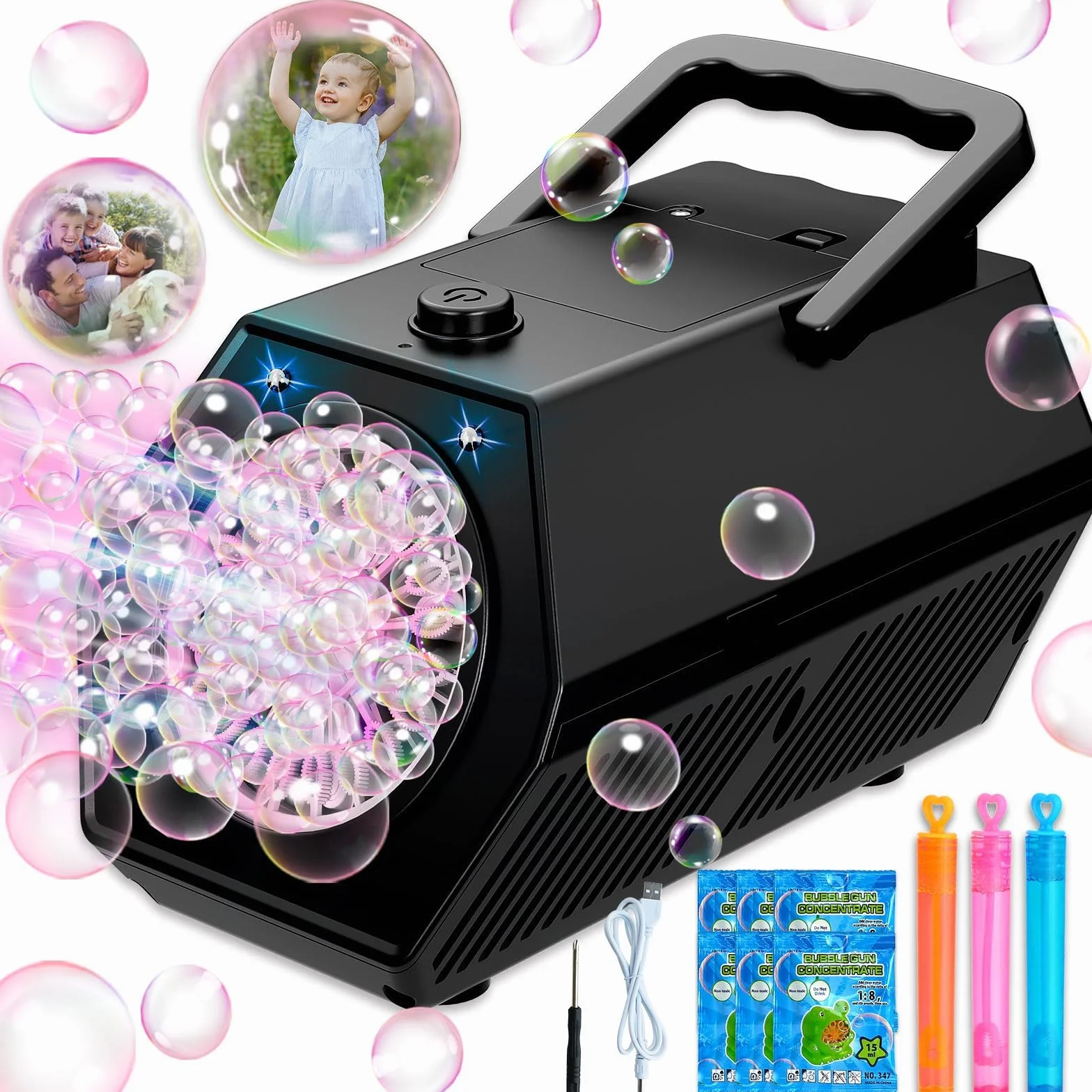 Macchina Bolle di Sapone, Spara Bolle di Sapone Automatico, 18000+ Bolle al Minuto, 2 Velocità, Giochi da Esterno per Bambini, Gadget Compleanno Bambin Matrimonio (Nero)
