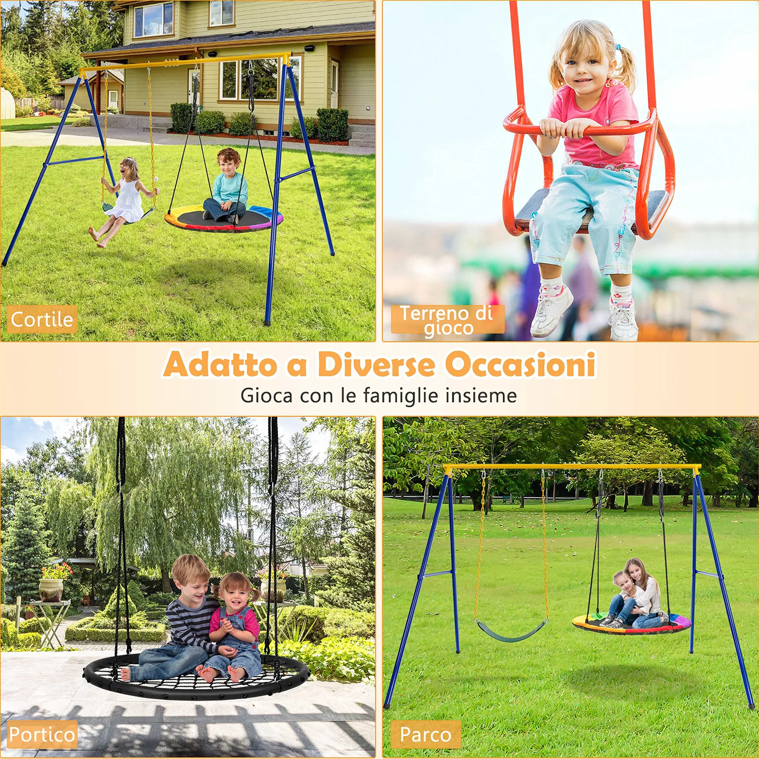 COSTWAY Set Altalena da Giardino per Bambini, Struttura di Metallo ad A con 1 Sedile in EVA Morbido e 1 Altalena Nido, Capacità 300 kg, Ideale per Giardino Parco Giochi (Giallo+Blu, Altalena+Supporto)