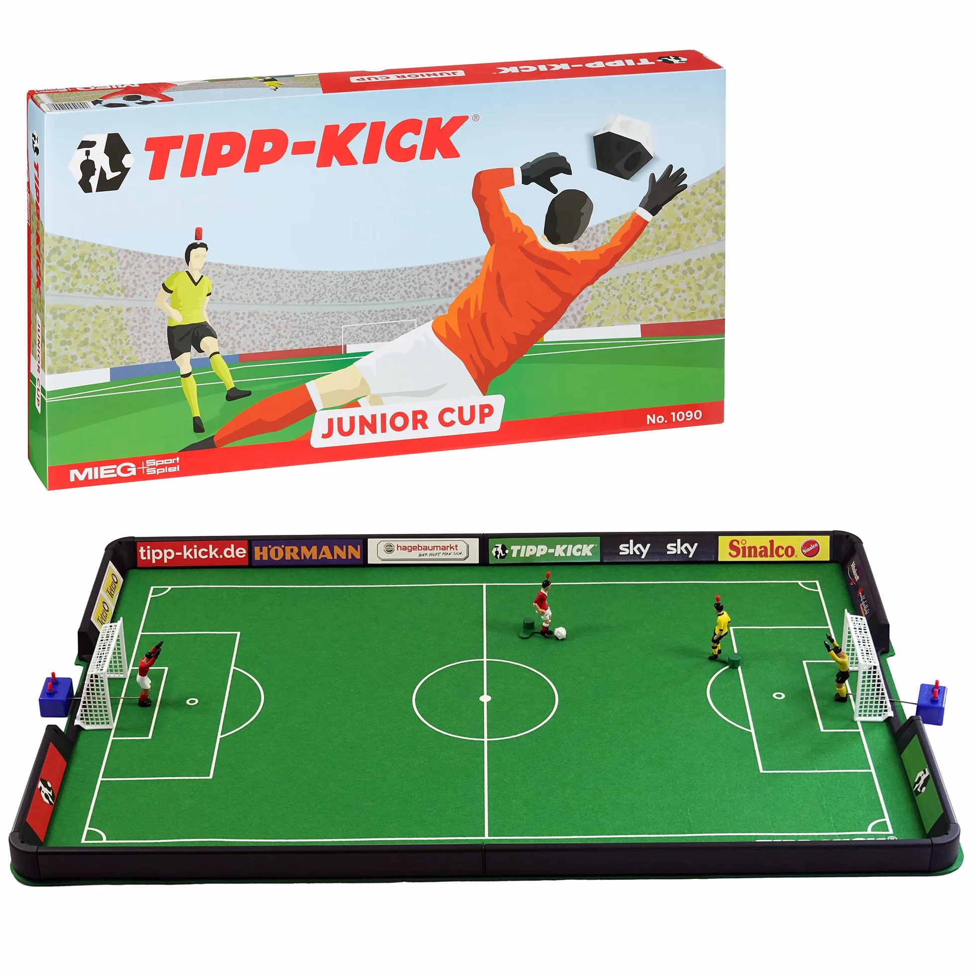 TIPP-KICK Junior Cup 82x56 cm con Bordo - Set Pronto per Giocare con 2X Giocatori, 2X Portieri, 2X Reti in Plastica, 2X Palloni I Campo da Gioco in Feltro