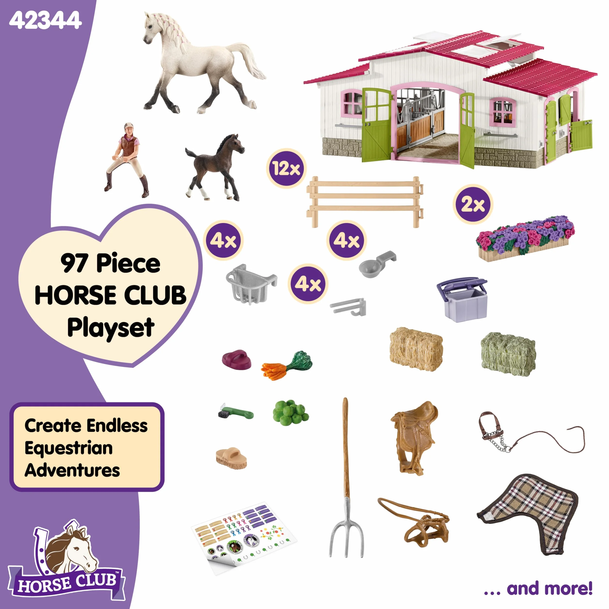 SCHLEICH HORSE CLUB | Maneggio con cavallerizza e cavalli 42344 | Set con scuderia, personaggio e 2 cavalli con accessori | Regalo per bambini | Giocattolo dai 5 anni | 97 pezzi | esclusiva Amazon
