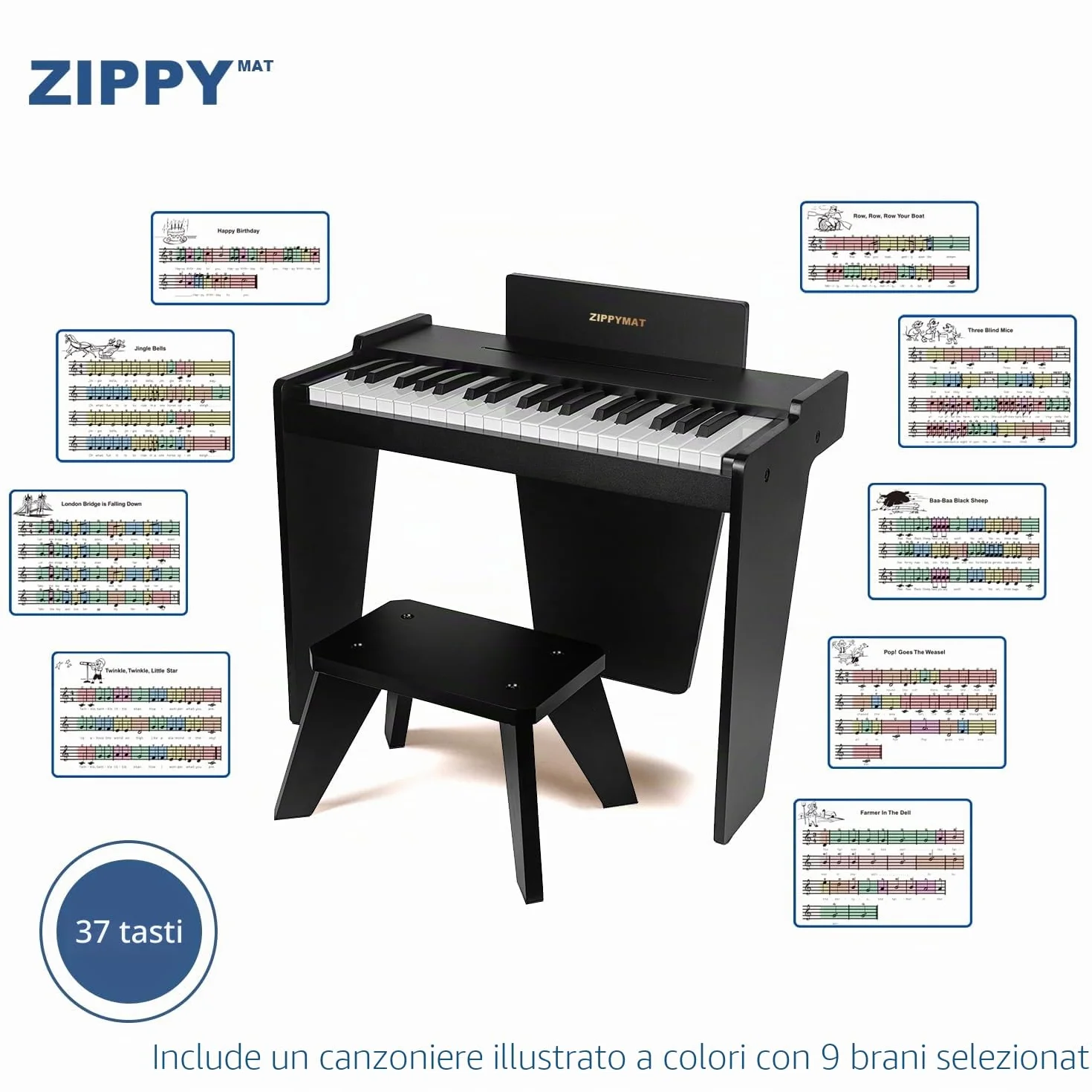 Tastiera per bambini, pianoforte digitale a 37 tasti per bambini, strumento educativo musicale, pianoforte in legno per 3+ ragazze e ragazzi (Nero Basic)