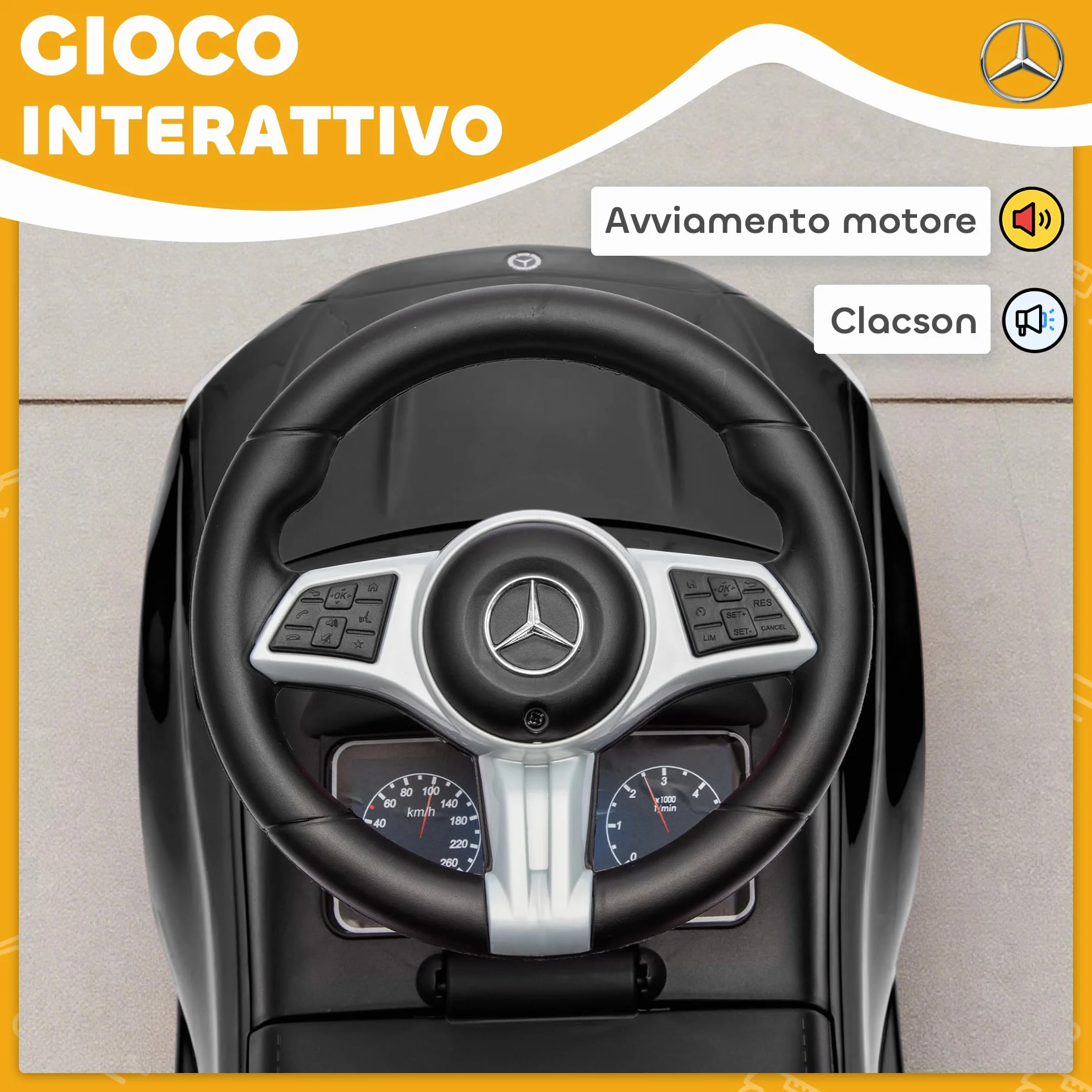 AIYAPLAY Macchina Primi Passi per Bambini Licenza Mercedes Benz con Clacson e Spazio Portaoggetti, Auto per Bambini in PP e Acciaio, 65x28x39 cm, Nero
