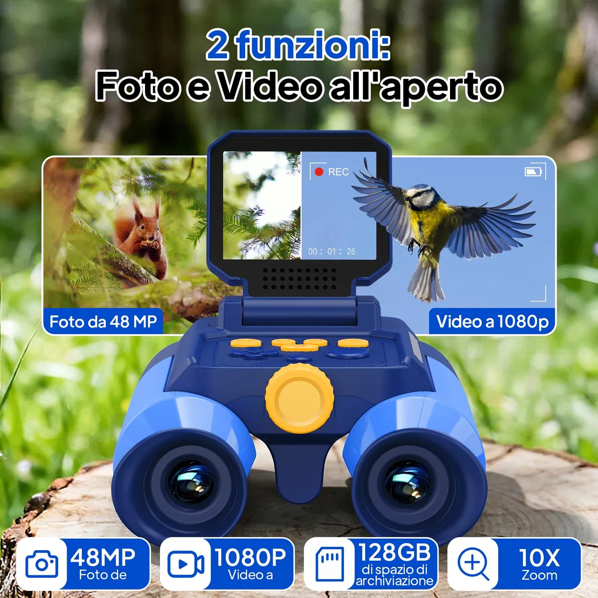 Ashfly Binocolo Digitale per Bambini con Schermo 2,4", Zoom 10x, Giochi Integrati, Modalità Visione Notturna e Fotocamera – Gioco Educativo Esplorazione Natura, 7+ Anni, blu