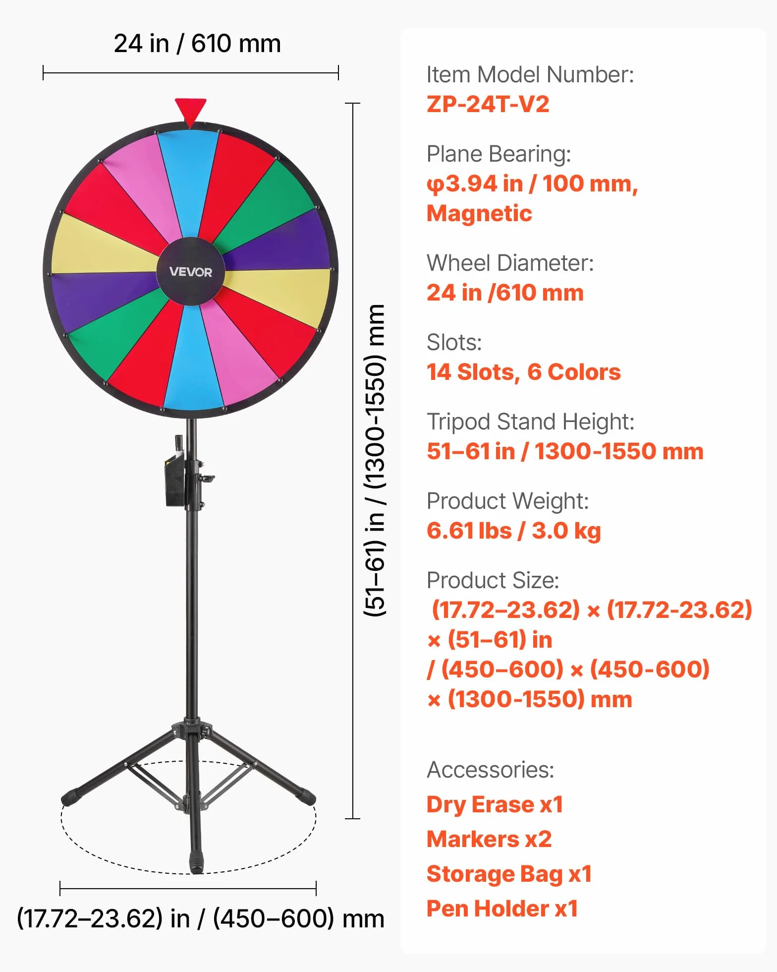 VEVOR Ruota dei Premi Girevole da 610 mm, Ruota Girevole a 14 Slot con Treppiede, Altezza Regolabile, Roulette Win Fortune con Cancellabile a Secco e 2 Pennarelli, 6 Colori, per Feste, Pub, Carnevale