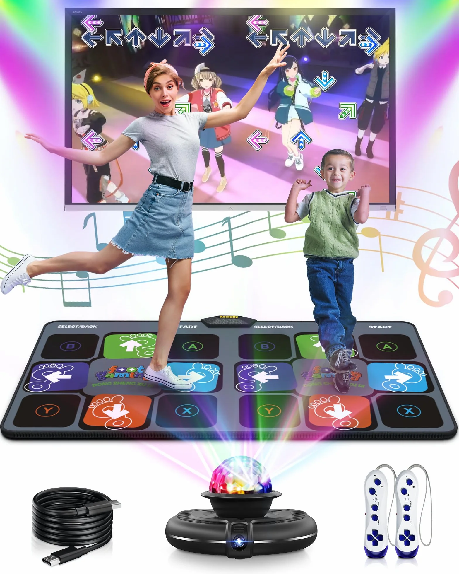 Tappetino da Ballo per Bambini per TV con Telecamera, Tappetino da Gioco Antiscivolo per Interni con 2 Controller Wireless e Palla da Discoteca Colorata, Regalo per Ragazzi, Ragazze, Adulti