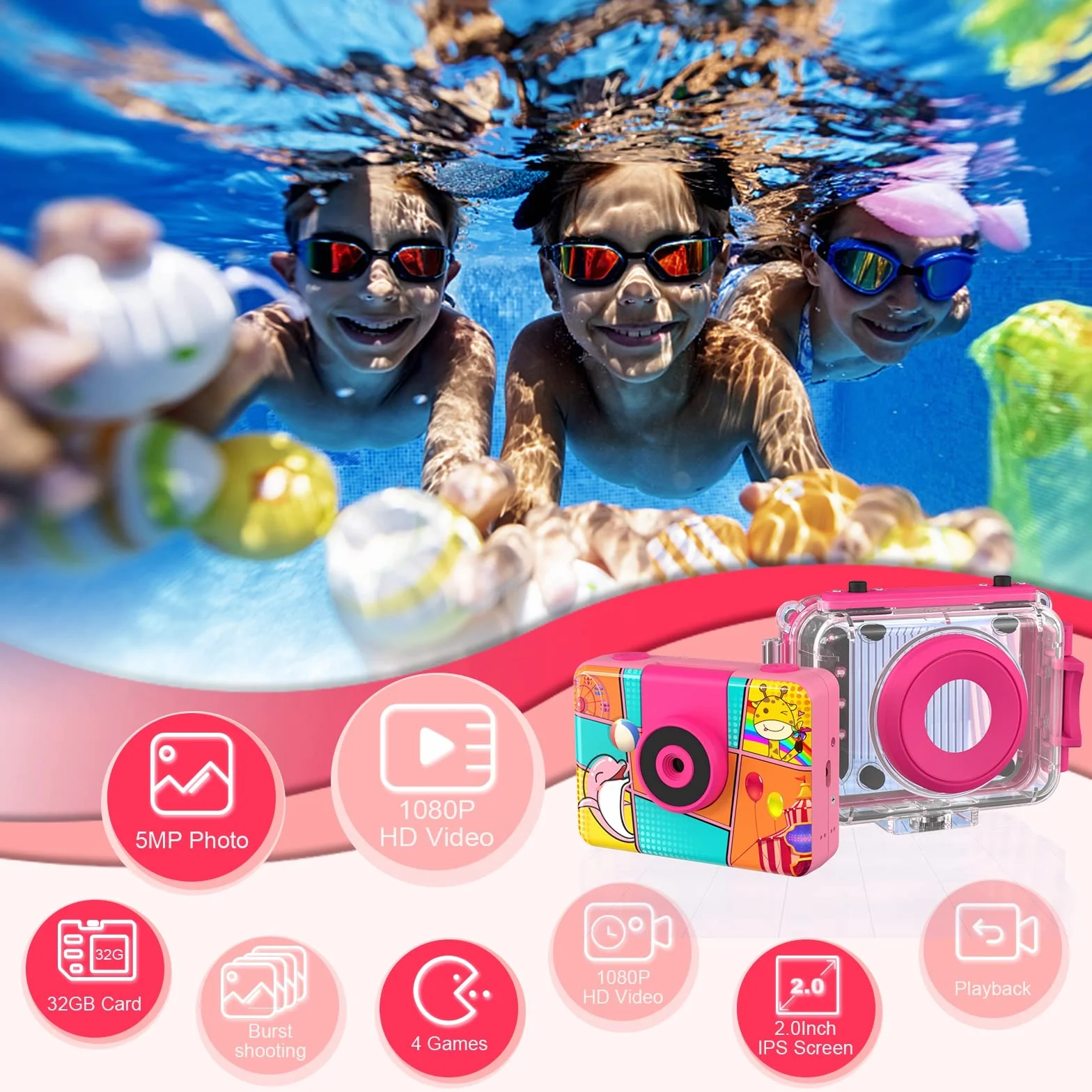 CHAKEYAKE Macchina Fotografica Bambini, 2.0” Fotocamera Digitale Impermeabile, 1080P 180 °Flip Len, Subacquea Macchina Fotografica Giocattolo Videocamera con Scheda SD 32G per Bambini 3-12 anni