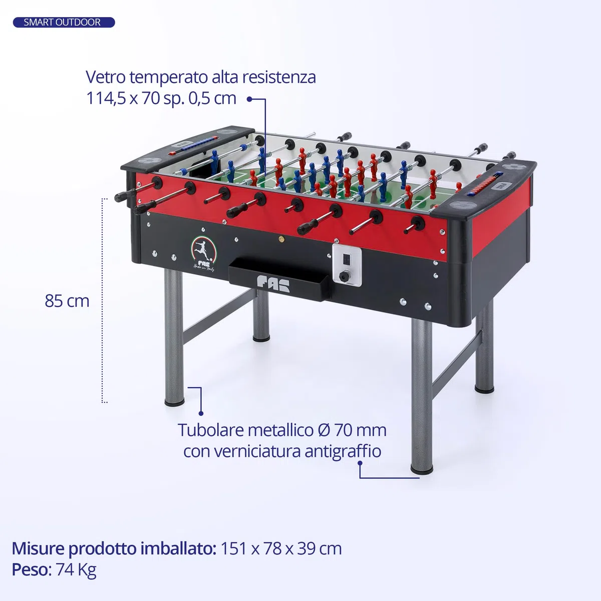 FAS PENDEZZA Calcio Balilla Mundial - Biliardino Professionale di Design, Uso interno, Campo in Vetro Temperato, Aste Passanti, Gettoniera 1€, Calcetto Balilla cm 146x78x76, Include 10 Palline