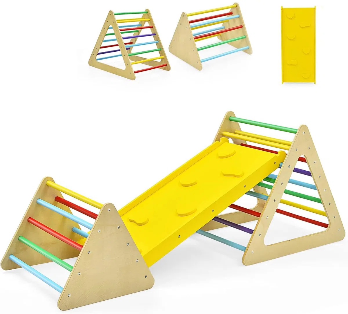 GYMAX Triangolo da Arrampicata per Bambini con Scivolo, Legno, Giocattolo a Scala, Esterno, Montessori, Colorato