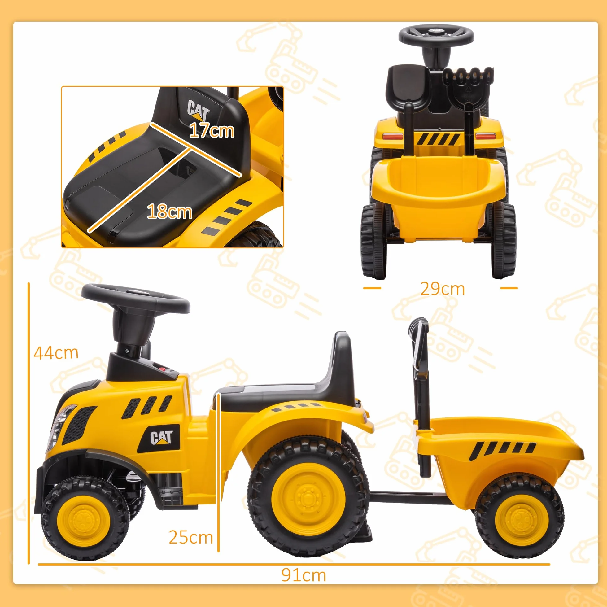AIYAPLAY Camion Giocattolo per Bambini 12-36 Mesi con Pala e Rimorchio Integrati, Escavatore per Bambini Cavalcabile in PP e Metallo, 91x29x44 cm, Giallo