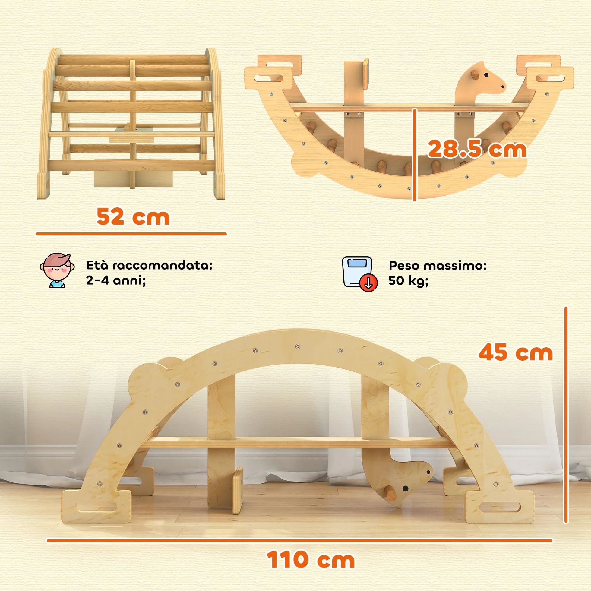 AIYAPLAY Arco Montessori per Bambini 2-4 Anni Convertibile in Dondolo, Gioco Arrampicata in Legno, 110x52x45 cm, color Legno